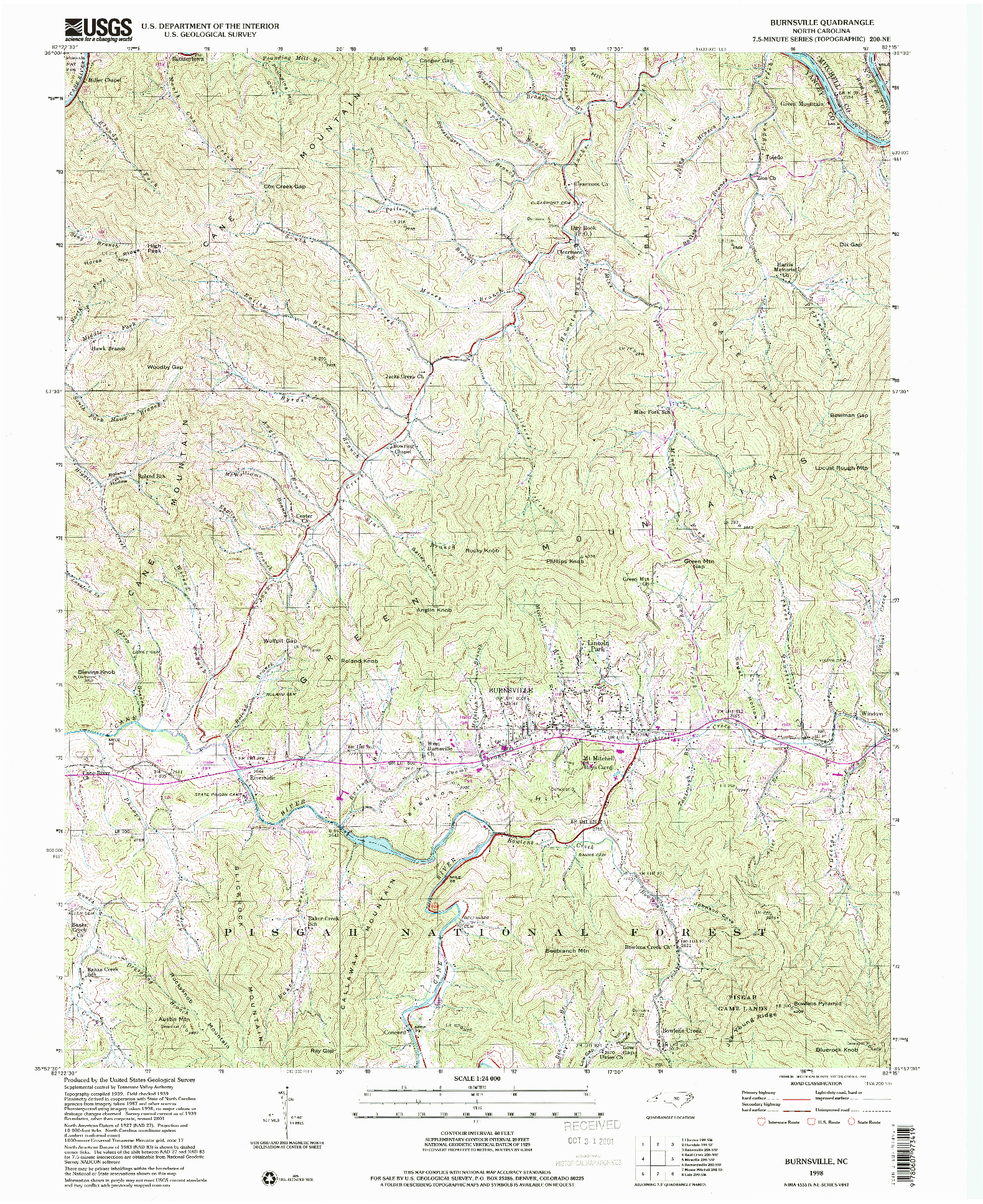 USGS 1:24000-SCALE QUADRANGLE FOR BURNSVILLE, NC 1998