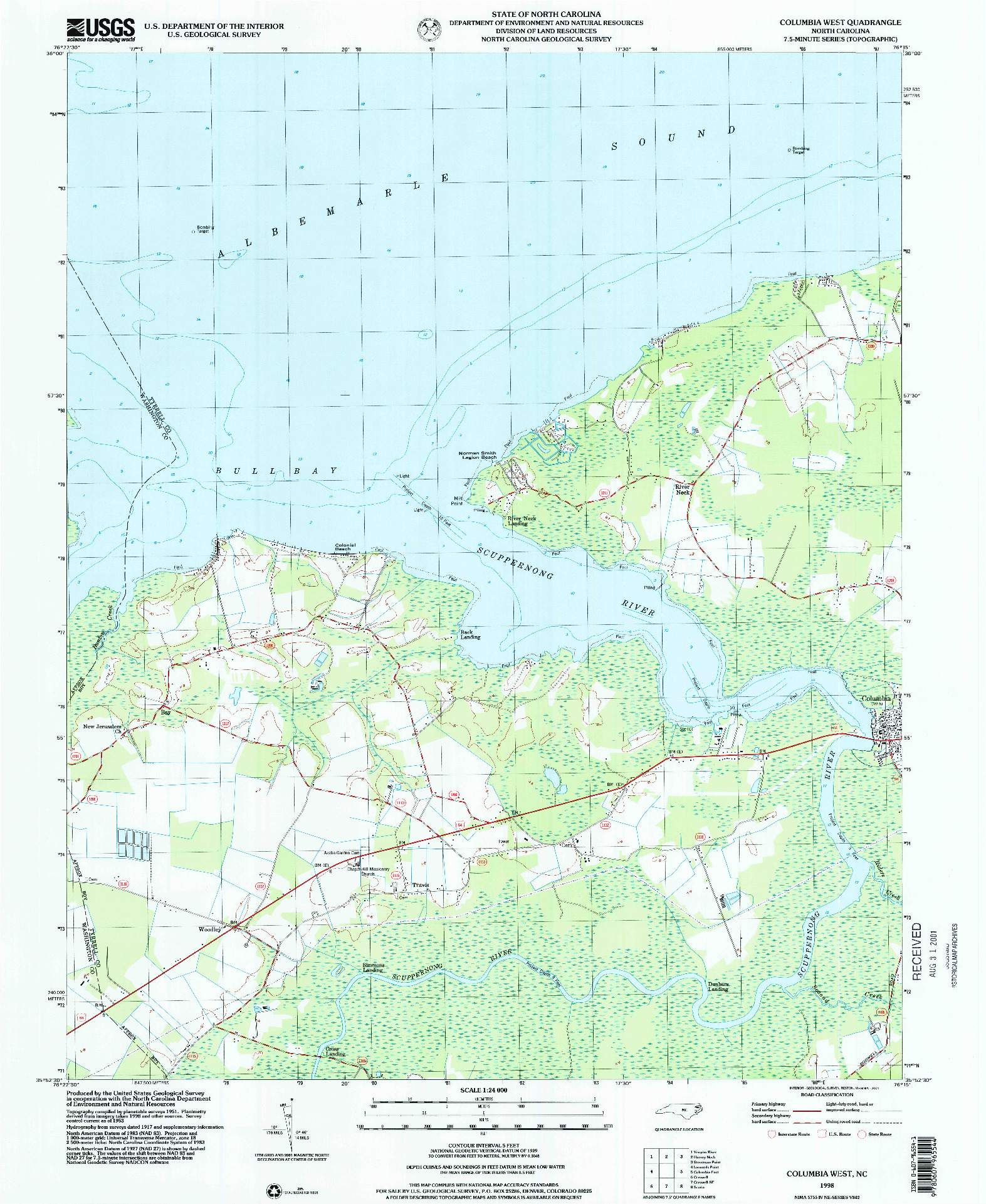 USGS 1:24000-SCALE QUADRANGLE FOR COLUMBIA WEST, NC 1998