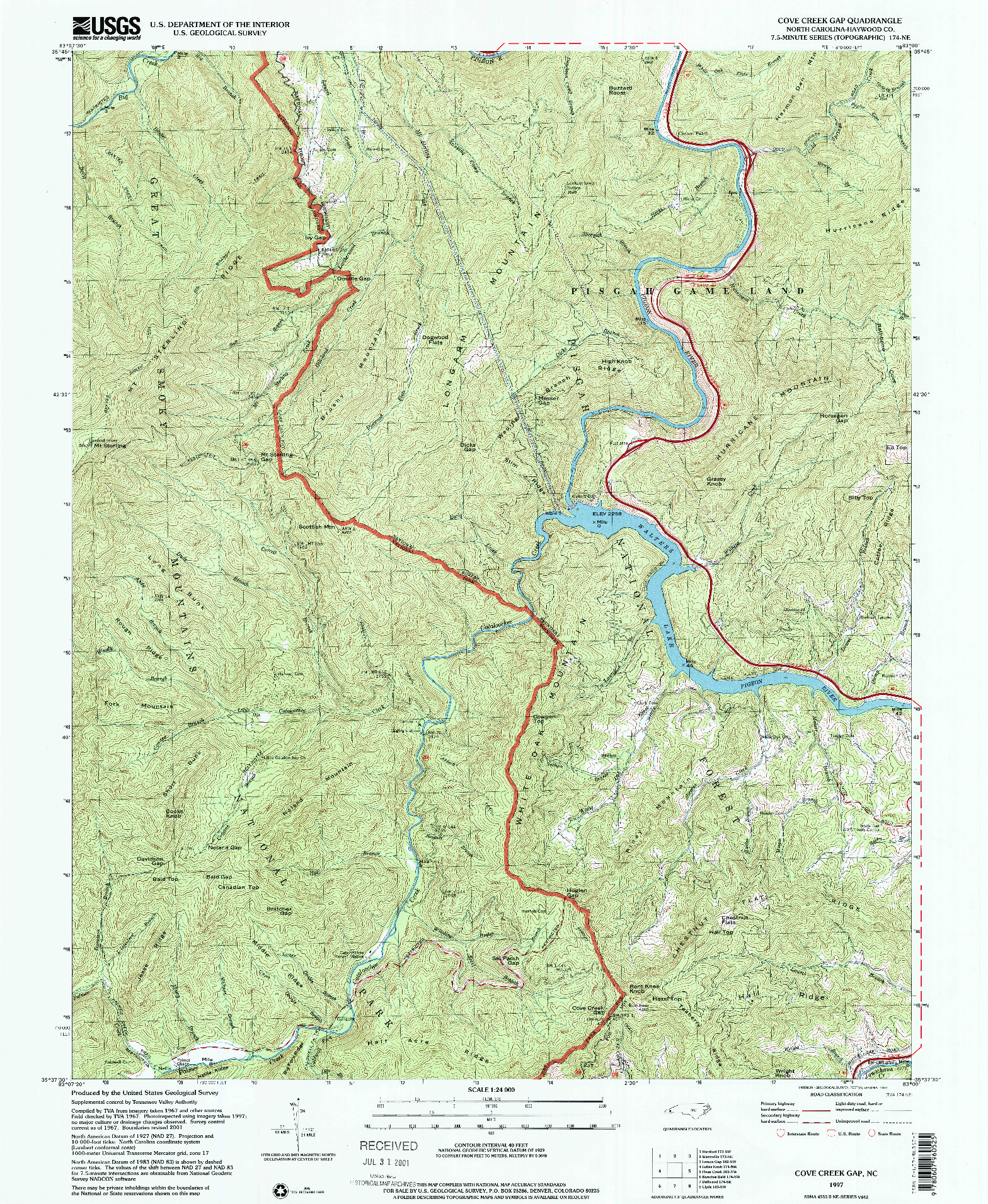 USGS 1:24000-SCALE QUADRANGLE FOR COVE CREEK GAP, NC 1997