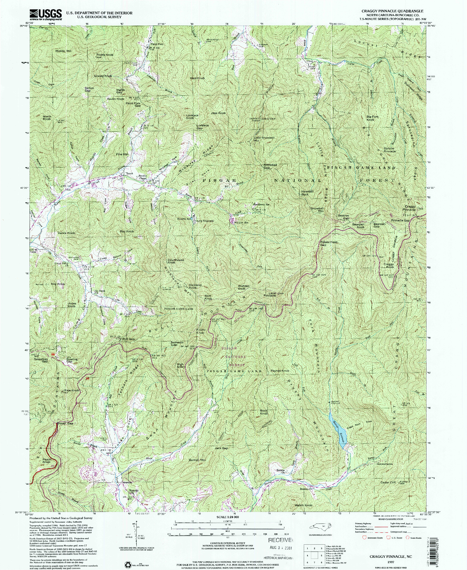 USGS 1:24000-SCALE QUADRANGLE FOR CRAGGY PINNACLE, NC 1997