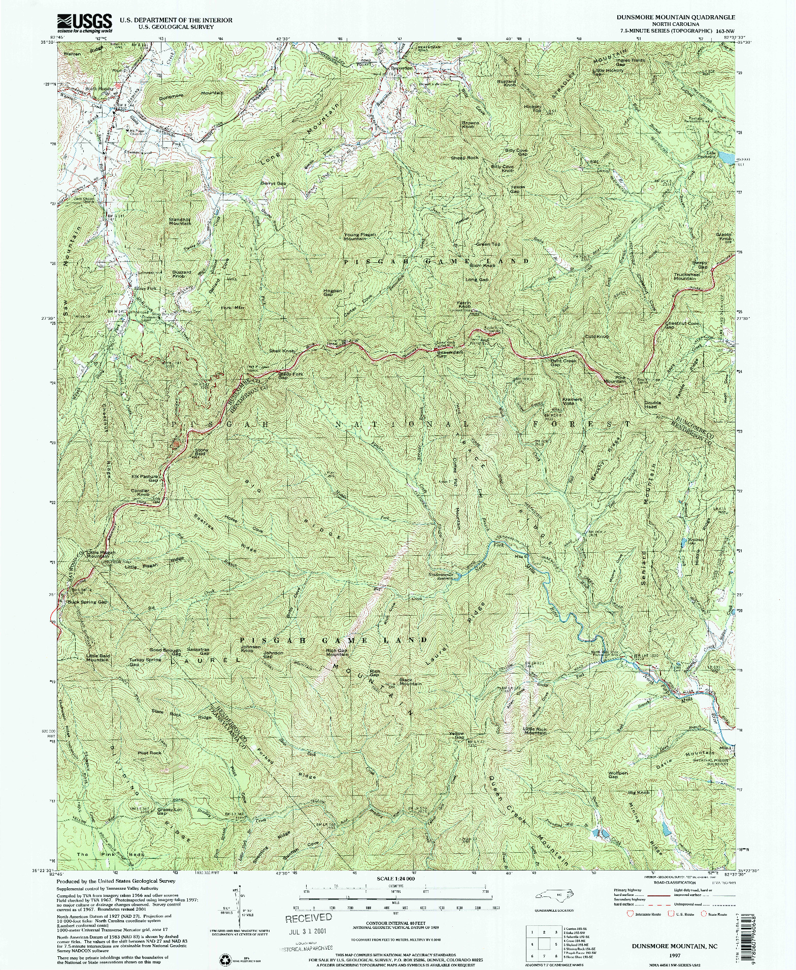 USGS 1:24000-SCALE QUADRANGLE FOR DUNSMORE MOUNTAIN, NC 1997