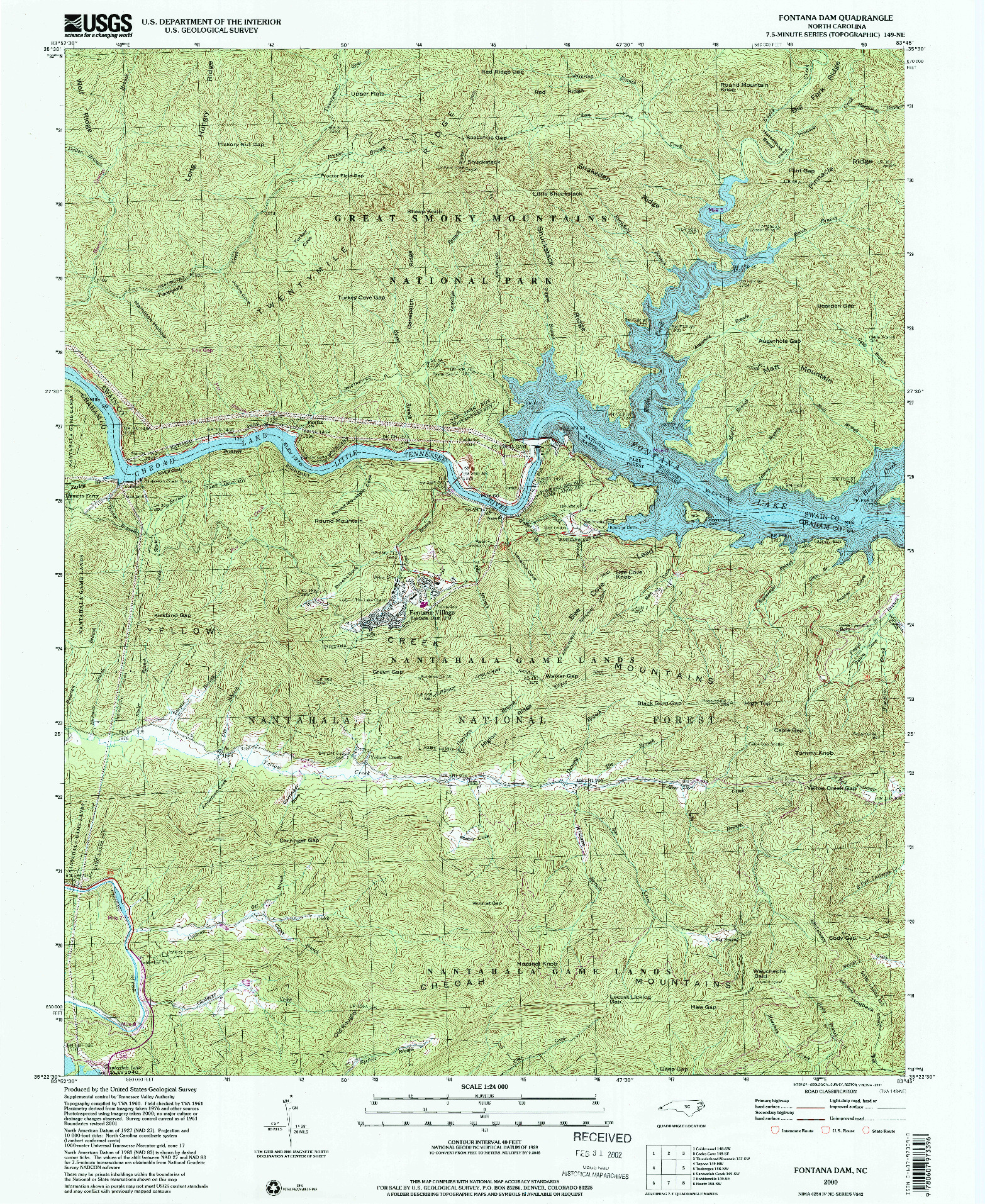 USGS 1:24000-SCALE QUADRANGLE FOR FONTANA DAM, NC 2000