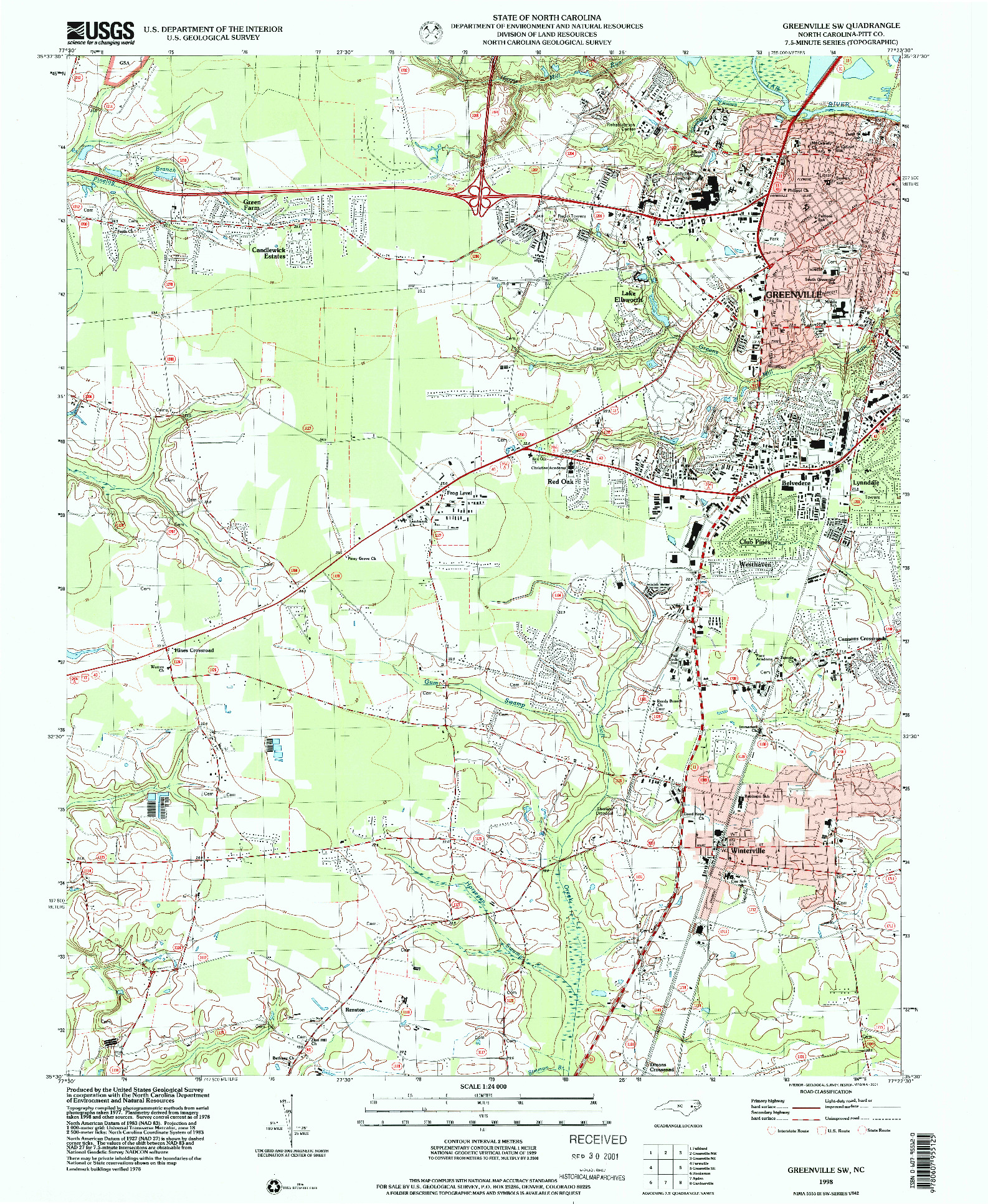 USGS 1:24000-SCALE QUADRANGLE FOR GREENVILLE SW, NC 1998