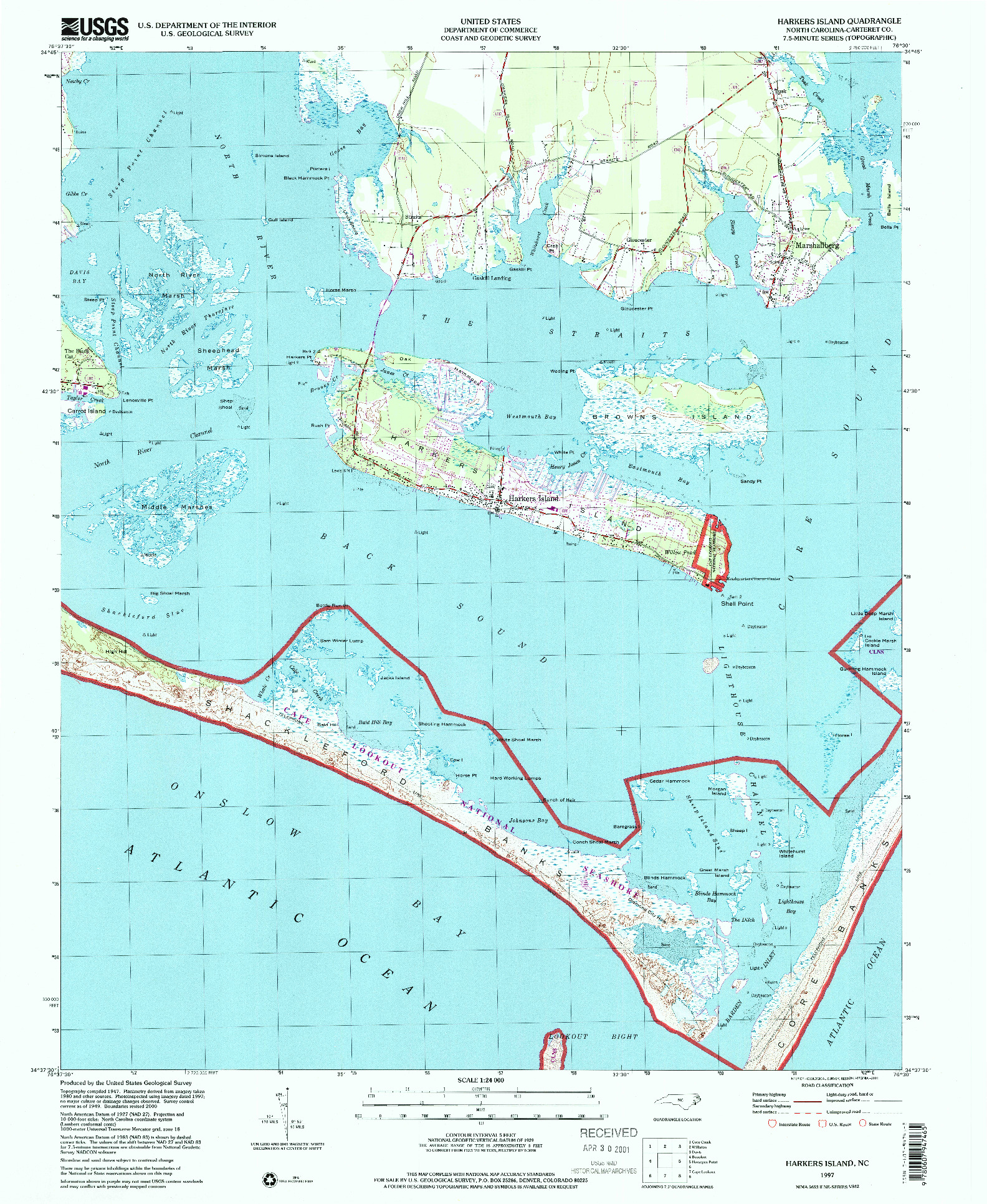 USGS 1:24000-SCALE QUADRANGLE FOR HARKERS ISLAND, NC 1997