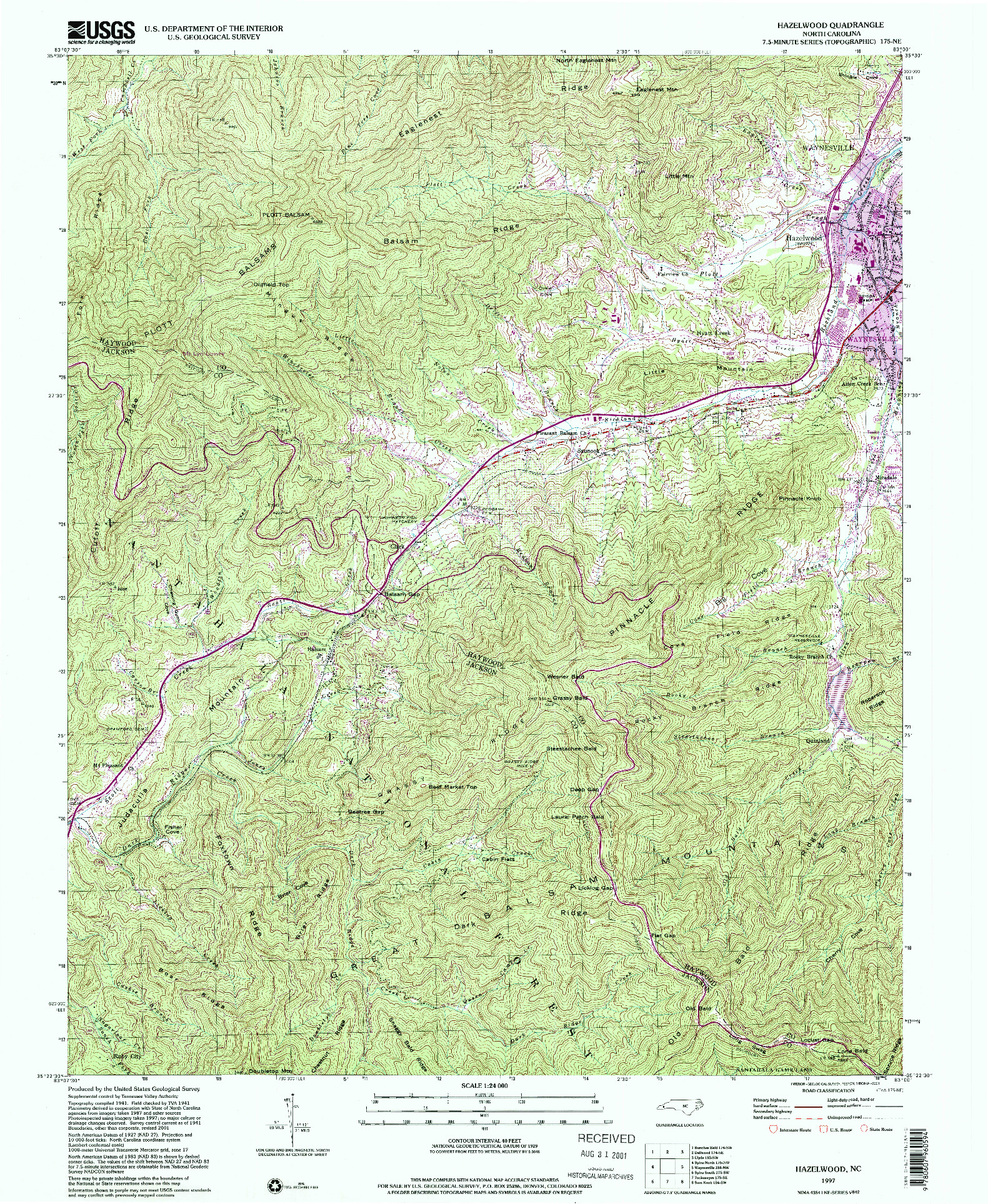 USGS 1:24000-SCALE QUADRANGLE FOR HAZELWOOD, NC 1997