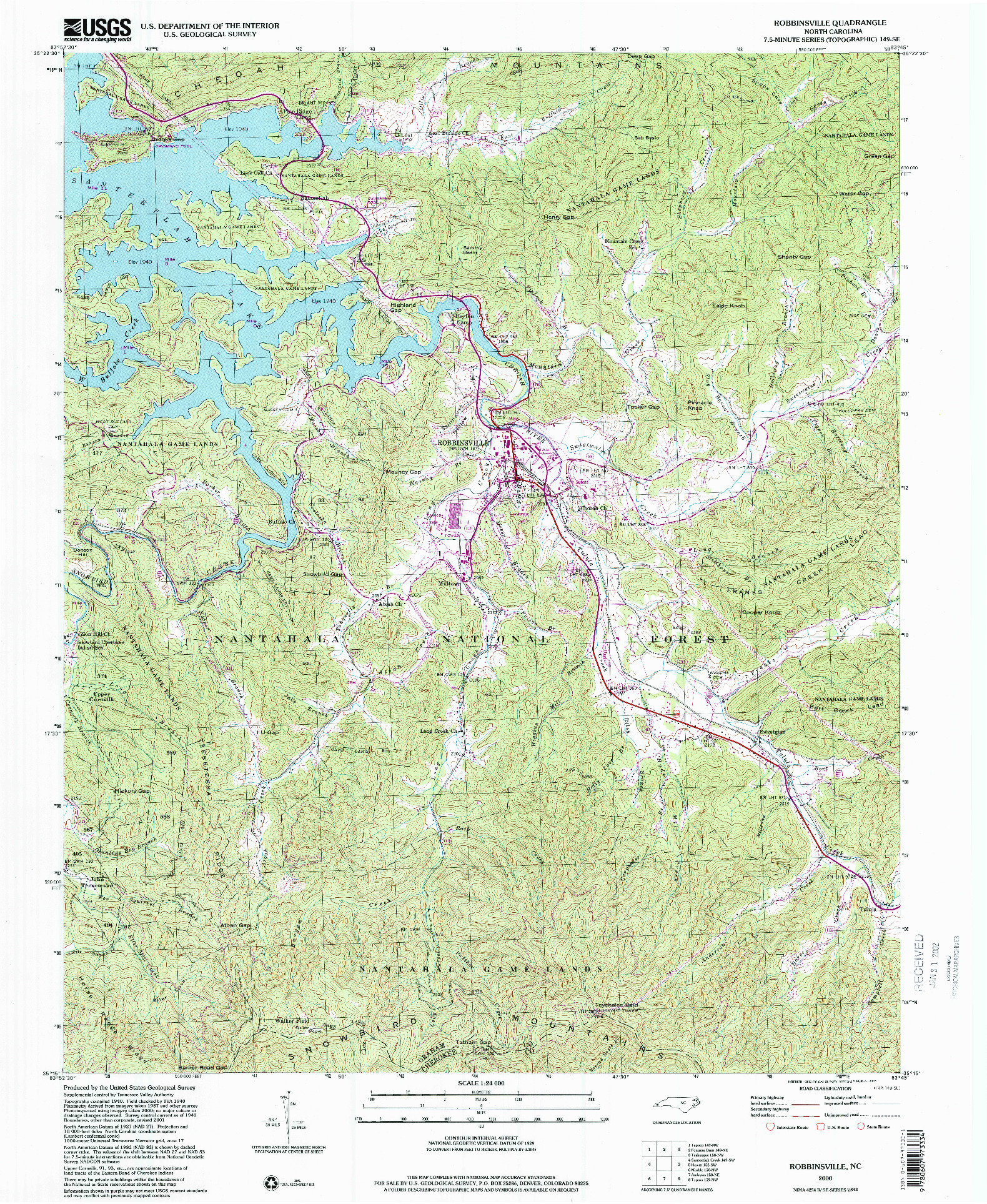 USGS 1:24000-SCALE QUADRANGLE FOR ROBBINSVILLE, NC 2000