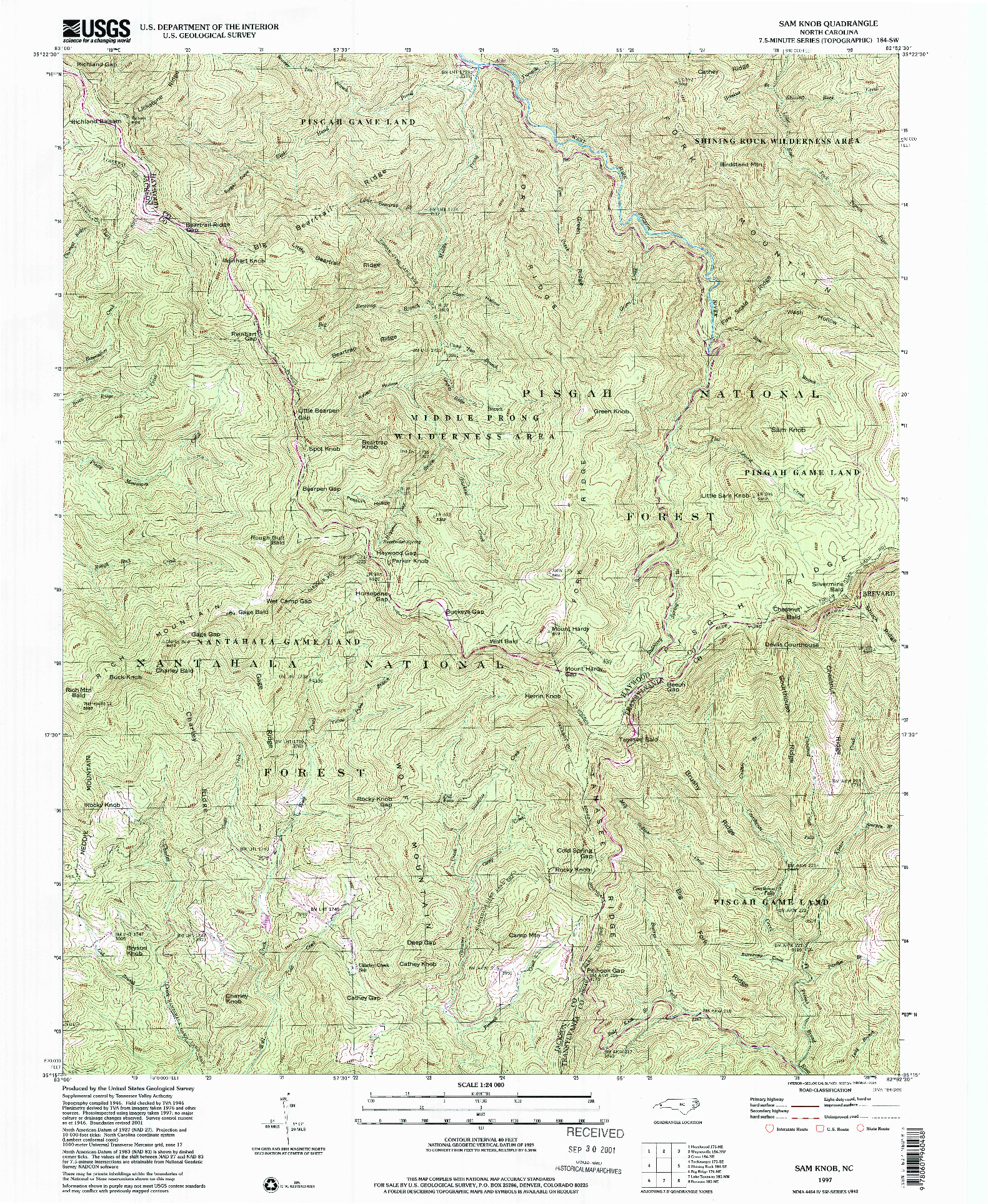 USGS 1:24000-SCALE QUADRANGLE FOR SAM KNOB, NC 1997