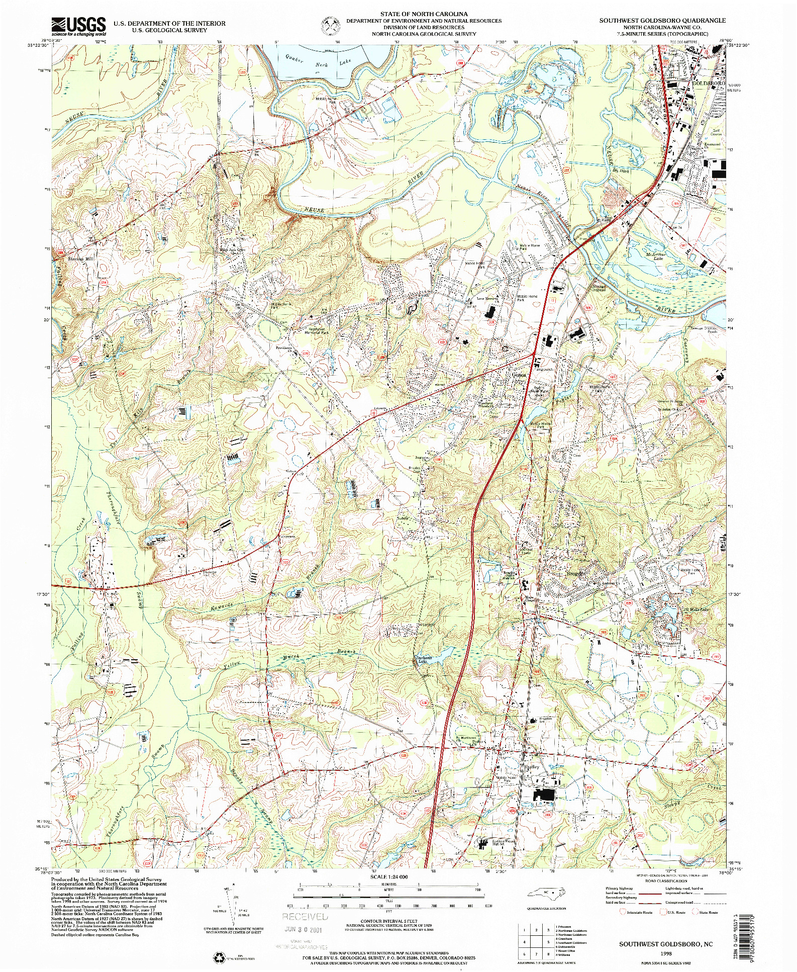 USGS 1:24000-SCALE QUADRANGLE FOR SOUTHWEST GOLDSBORO, NC 1998