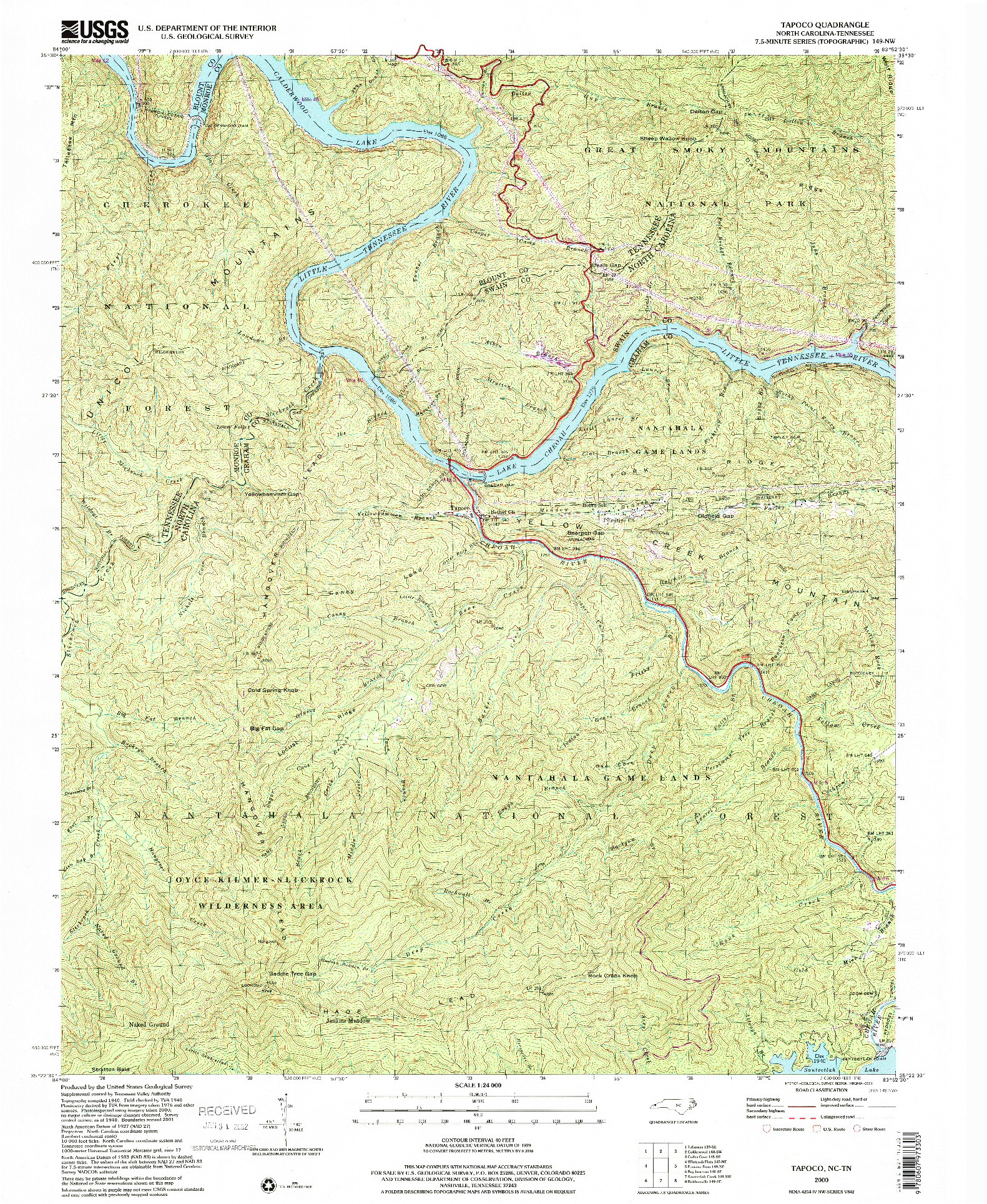 USGS 1:24000-SCALE QUADRANGLE FOR TAPOCO, NC 2000