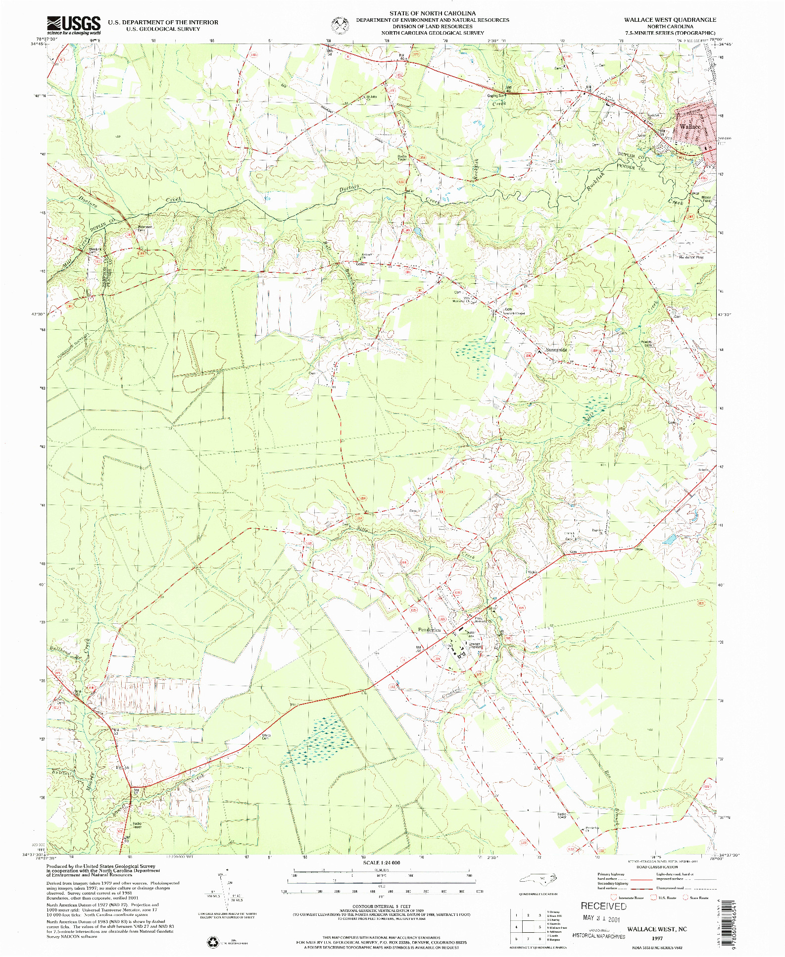 USGS 1:24000-SCALE QUADRANGLE FOR WALLACE WEST, NC 1997