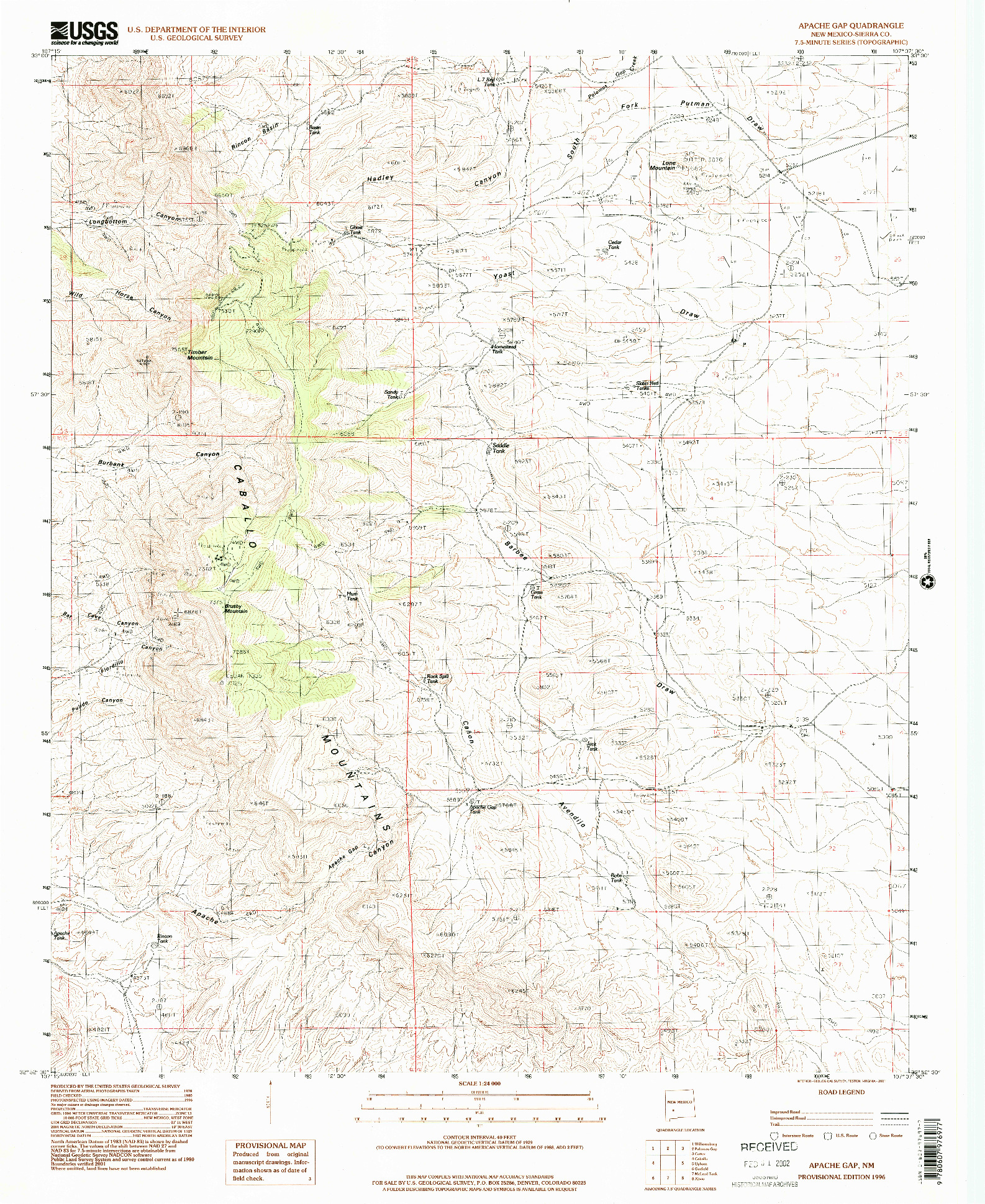 USGS 1:24000-SCALE QUADRANGLE FOR APACHE GAP, NM 1996