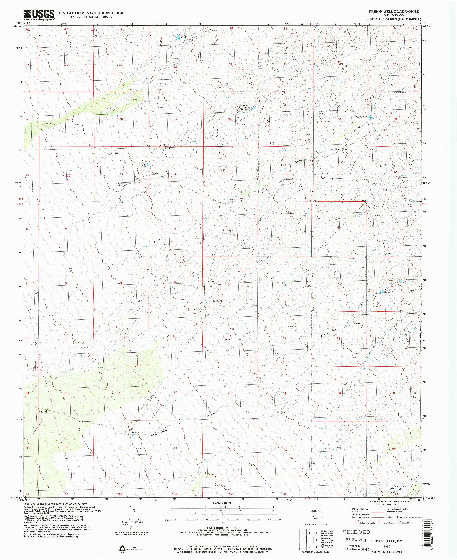 USGS 1:24000-SCALE QUADRANGLE FOR PRISOR WELL, NM 1996