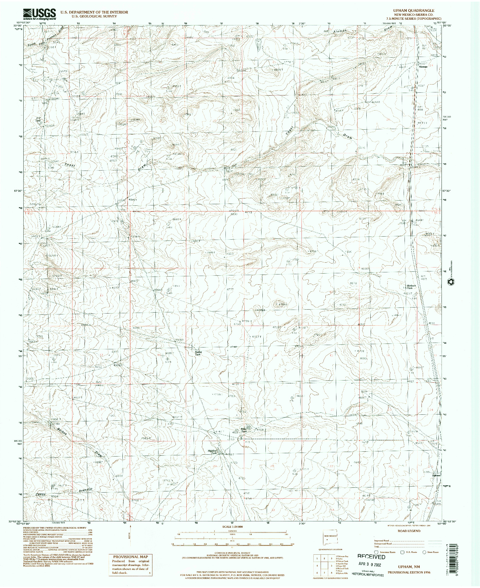 USGS 1:24000-SCALE QUADRANGLE FOR UPHAM, NM 1996