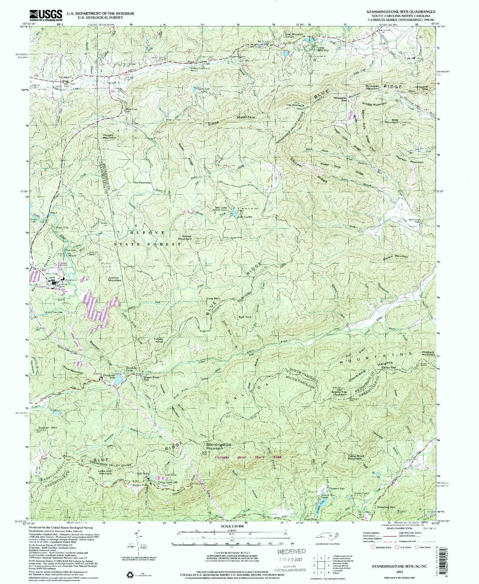 USGS 1:24000-SCALE QUADRANGLE FOR STANDINGSTONE MTN, SC 1997