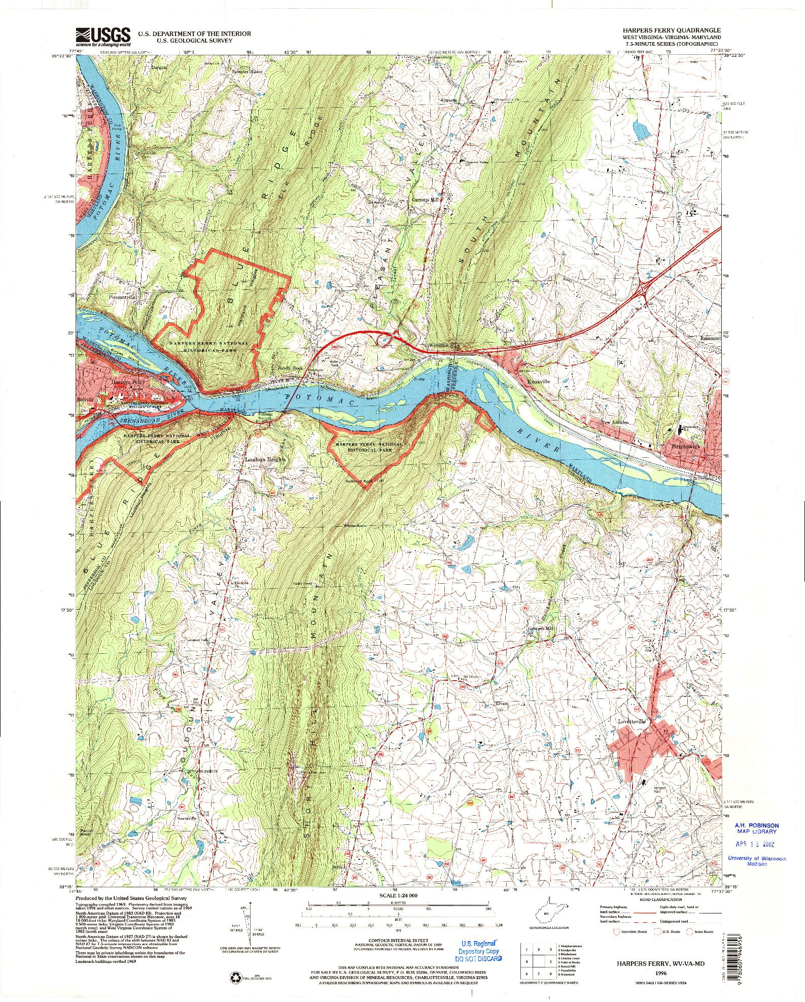 USGS 1:24000-SCALE QUADRANGLE FOR HARPERS FERRY, WV 1996