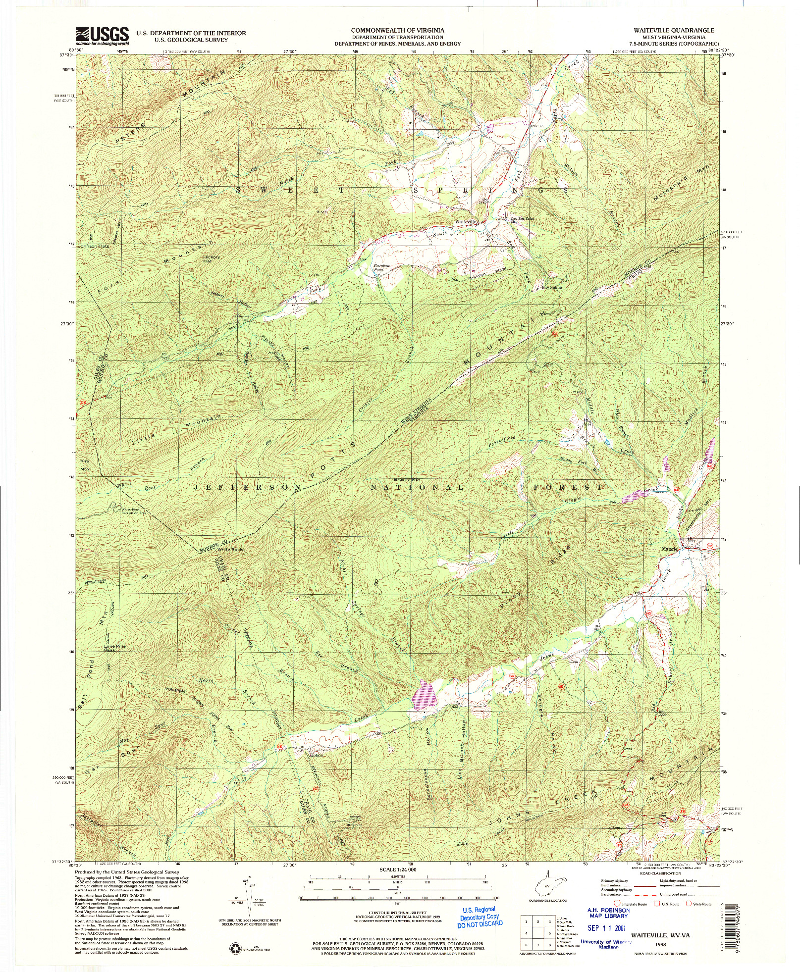 USGS 1:24000-SCALE QUADRANGLE FOR WAITEVILLE, WV 1998