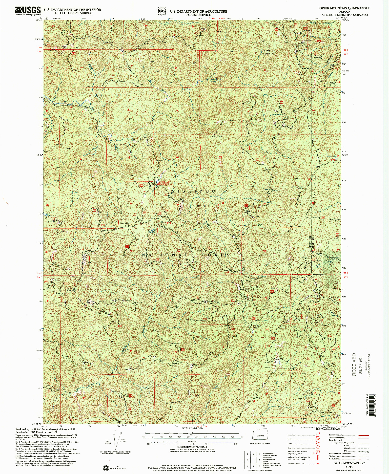 USGS 1:24000-SCALE QUADRANGLE FOR OPHIR MOUNTAIN, OR 1998