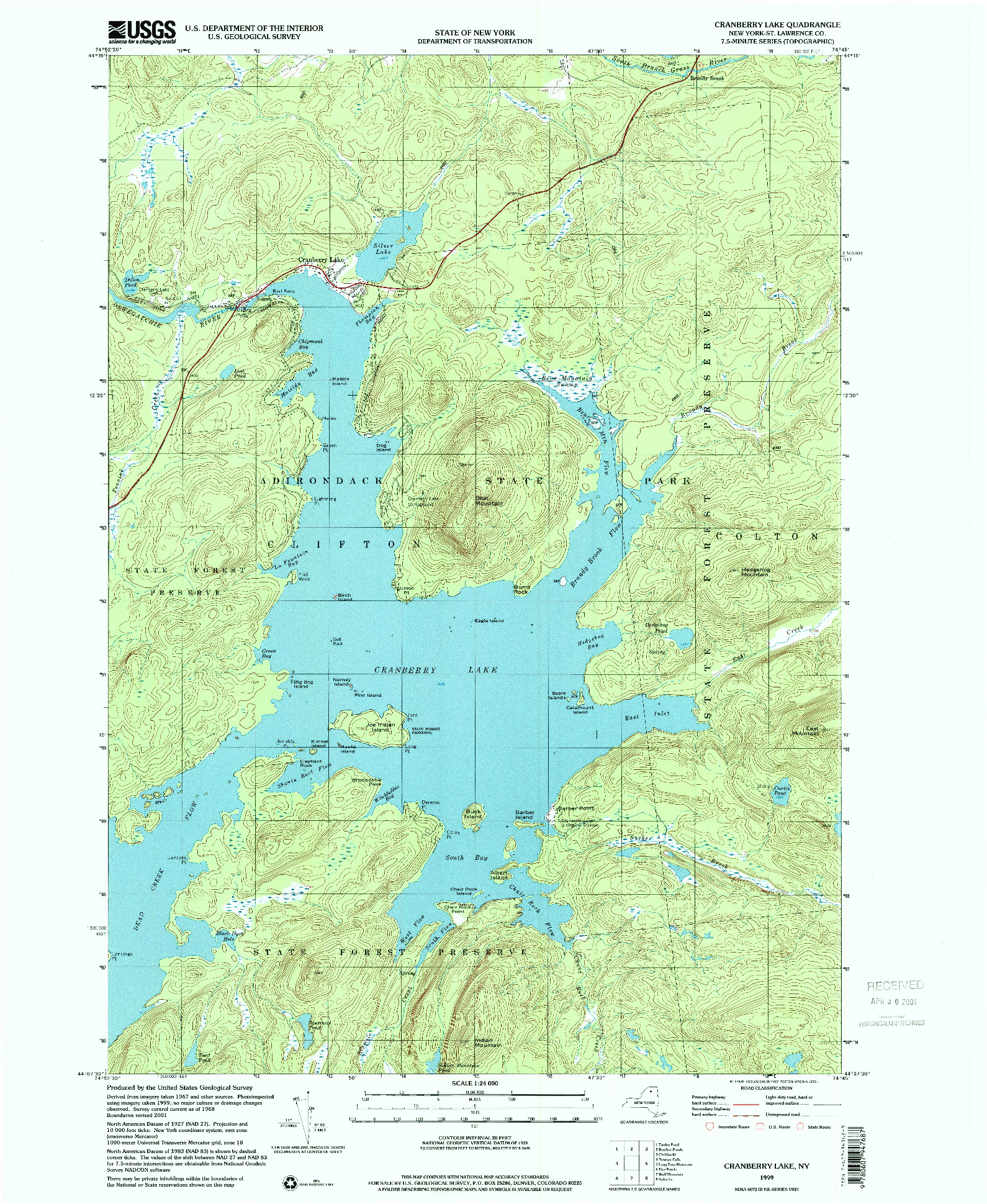 USGS 1:24000-SCALE QUADRANGLE FOR CRANBERRY LAKE, NY 1999
