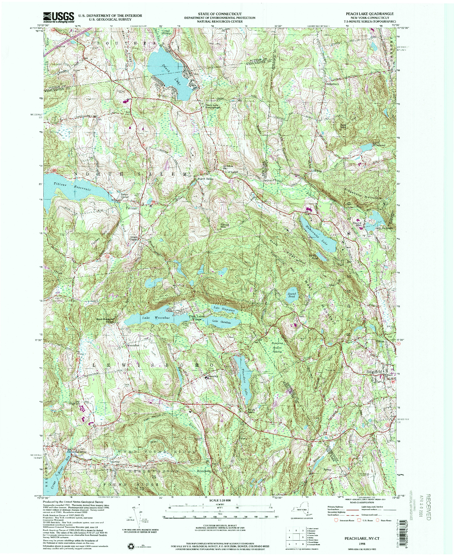 USGS 1:24000-SCALE QUADRANGLE FOR PEACH LAKE, NY 1998
