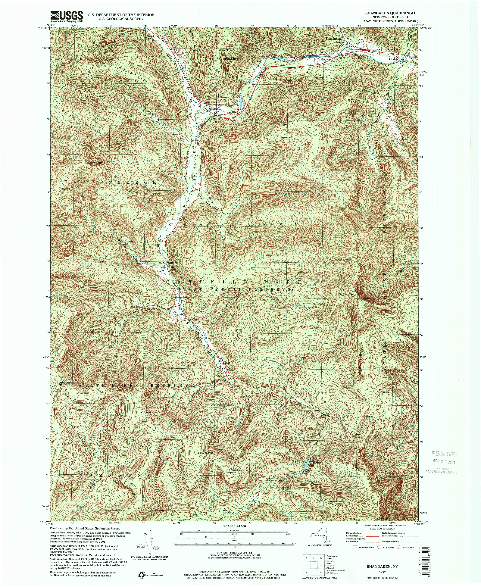USGS 1:24000-SCALE QUADRANGLE FOR SHANDAKEN, NY 1997