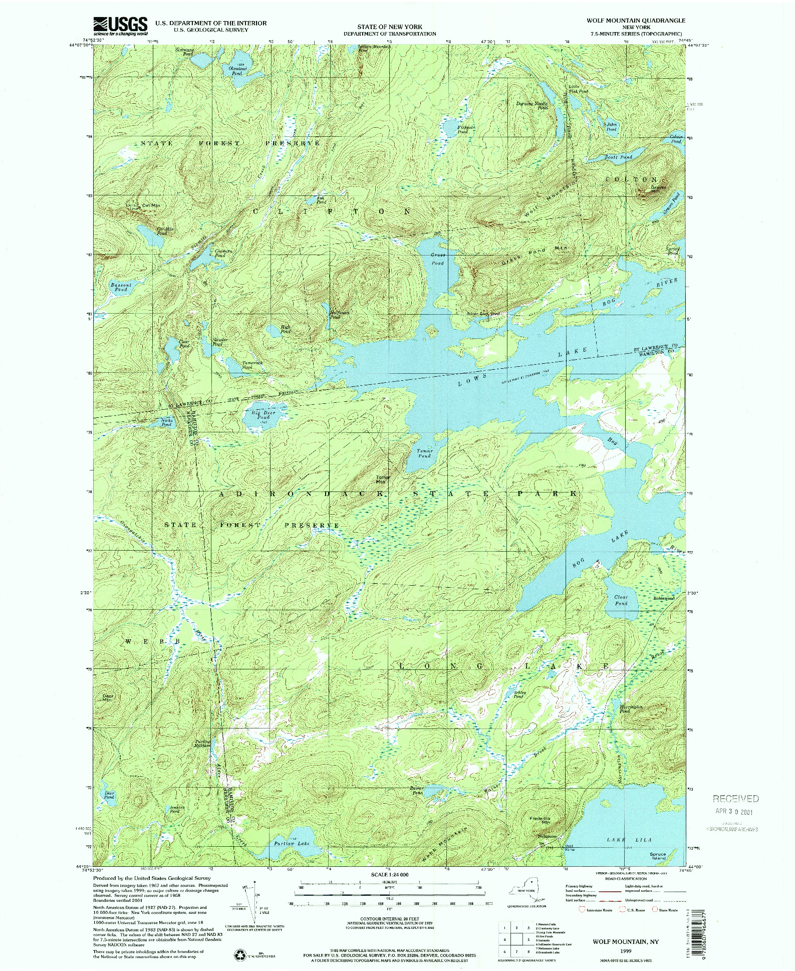 USGS 1:24000-SCALE QUADRANGLE FOR WOLF MOUNTAIN, NY 1999
