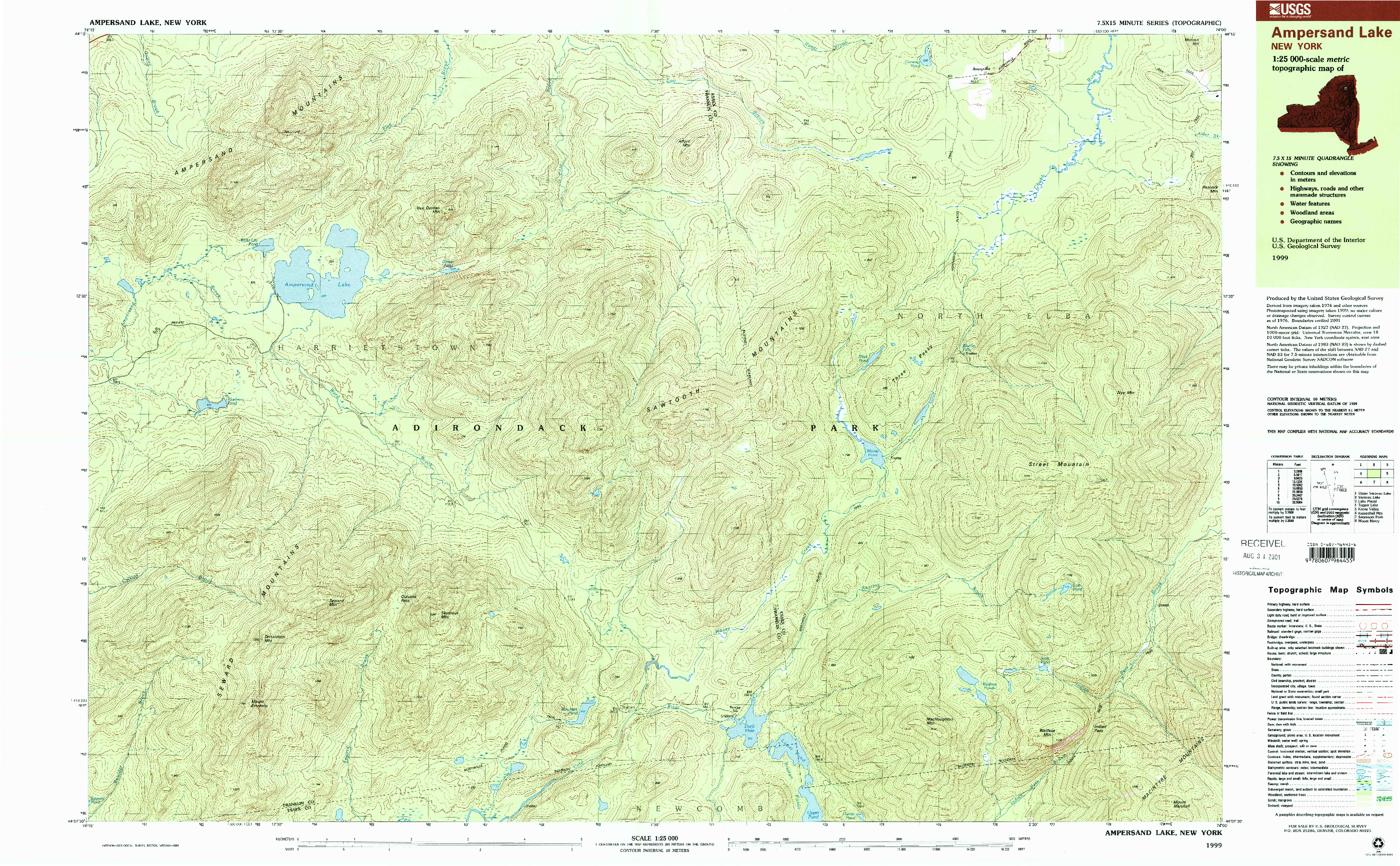 USGS 1:25000-SCALE QUADRANGLE FOR AMPERSAND LAKE, NY 1999