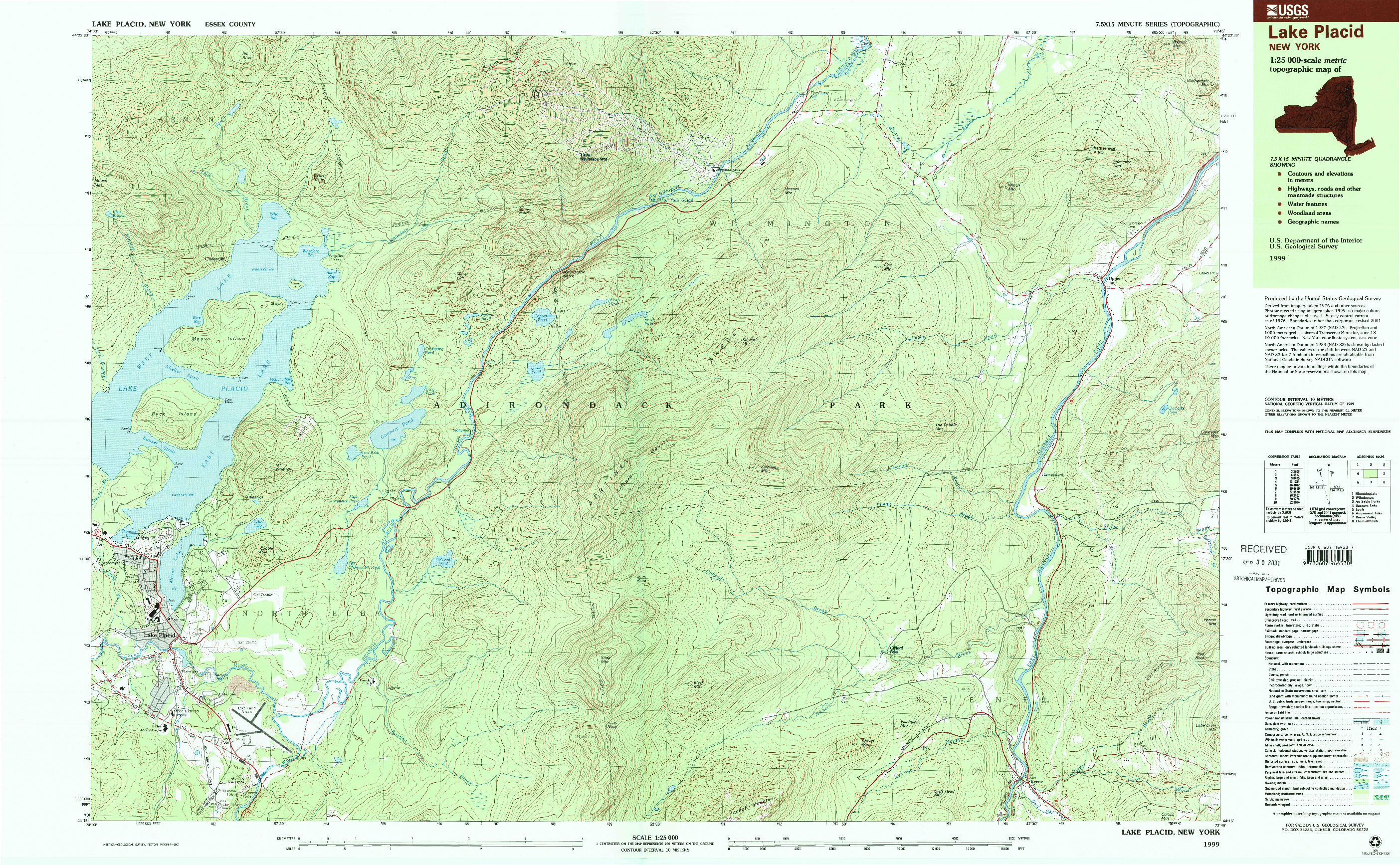 USGS 1:25000-SCALE QUADRANGLE FOR LAKE PLACID, NY 1999