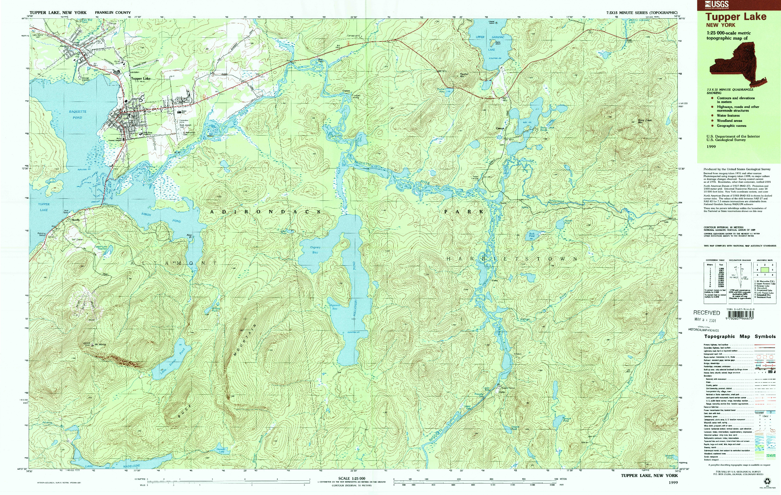 USGS 1:25000-SCALE QUADRANGLE FOR TUPPER LAKE, NY 1999