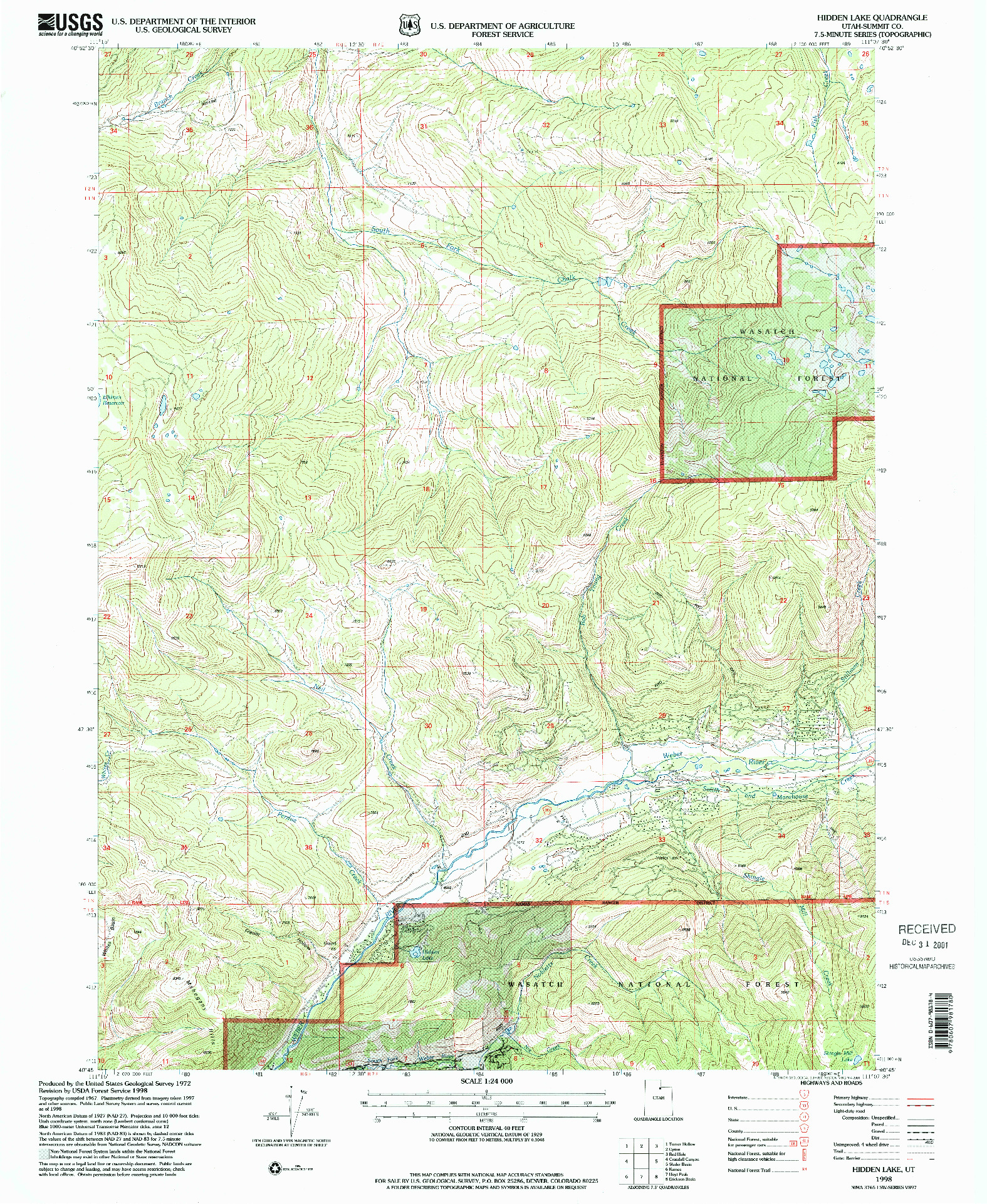 USGS 1:24000-SCALE QUADRANGLE FOR HIDDEN LAKE, UT 1998