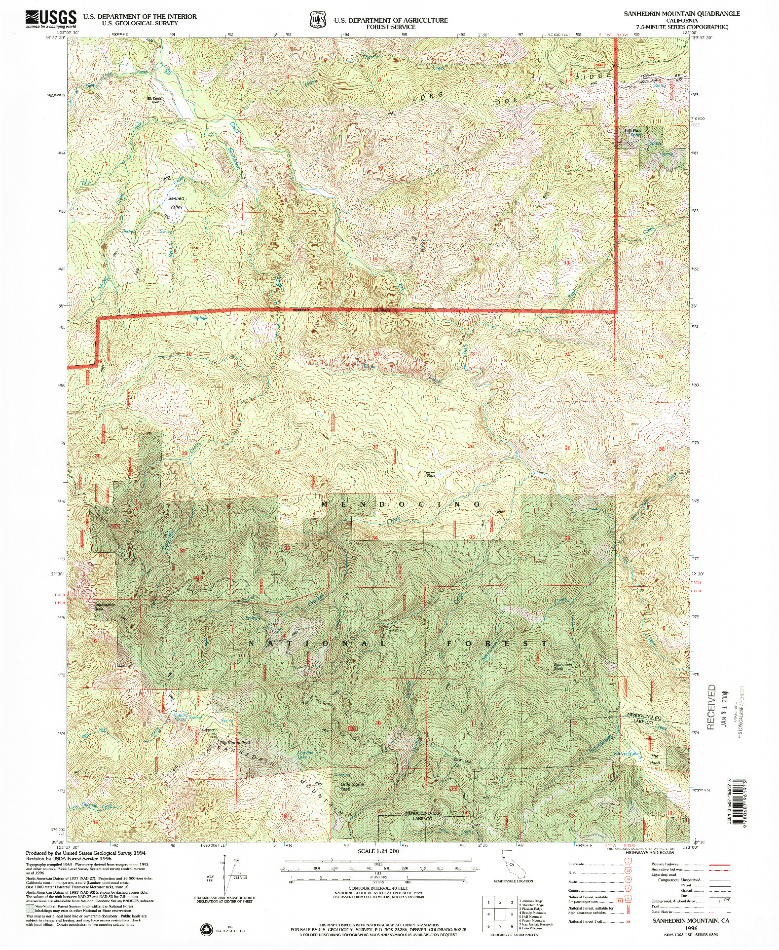 USGS 1:24000-SCALE QUADRANGLE FOR SANHEDRIN MOUNTAIN, CA 1996