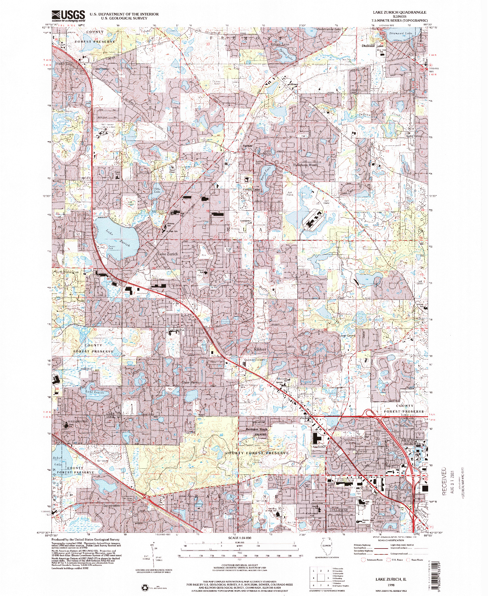 USGS 1:24000-SCALE QUADRANGLE FOR LAKE ZURICH, IL 1998