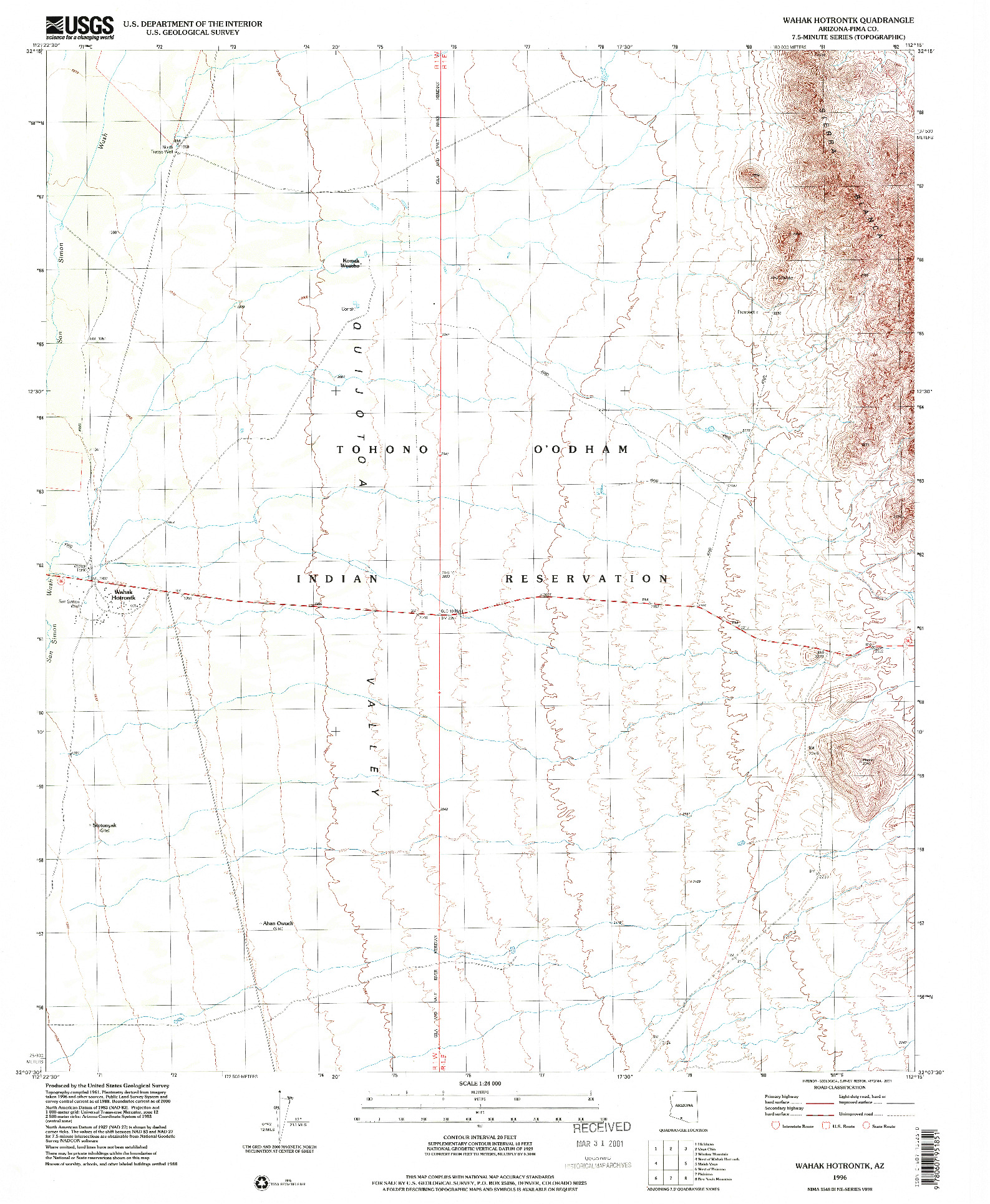 USGS 1:24000-SCALE QUADRANGLE FOR WAHAK HOTRONTK, AZ 1996