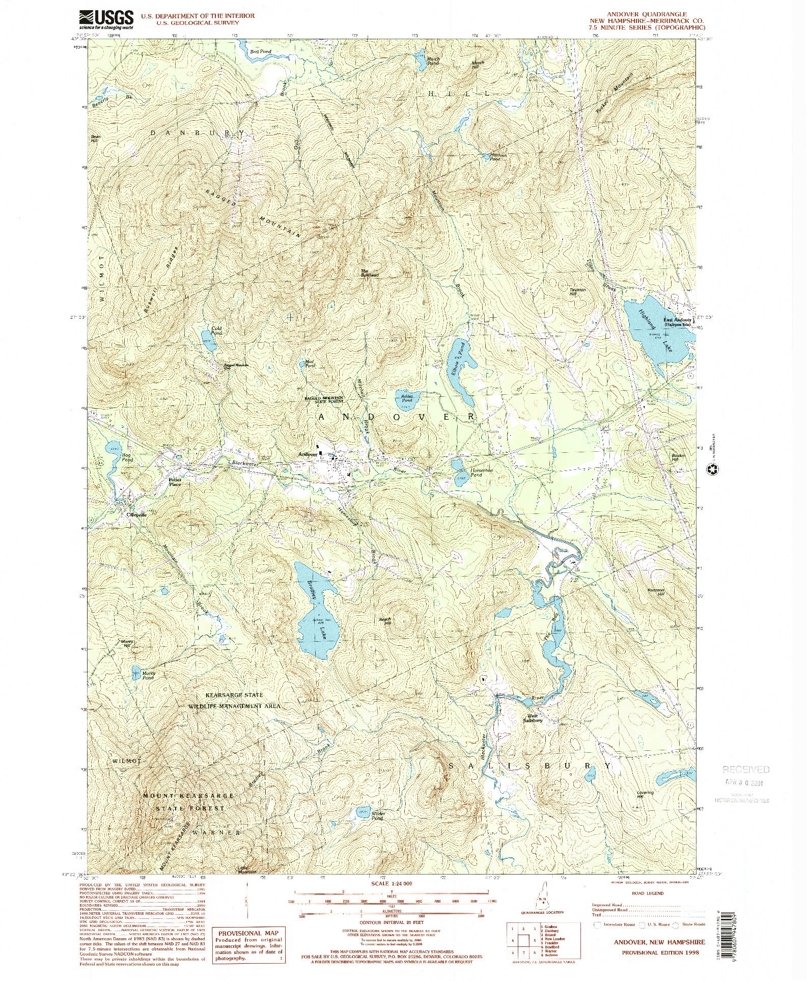 USGS 1:24000-SCALE QUADRANGLE FOR ANDOVER, NH 1998
