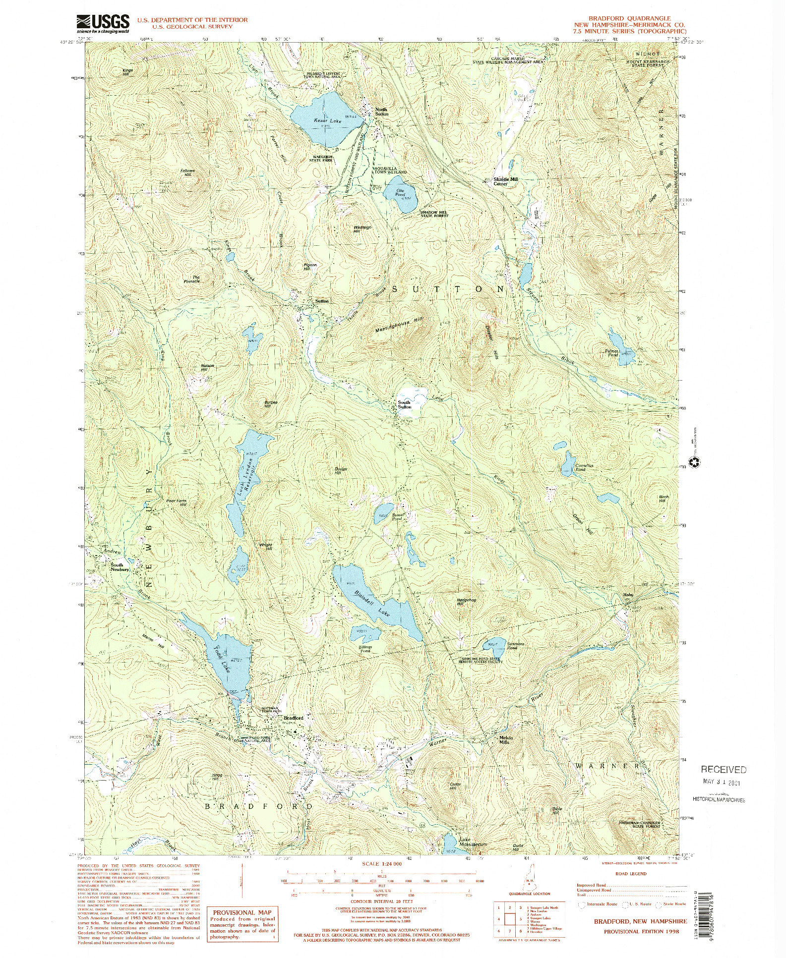 USGS 1:24000-SCALE QUADRANGLE FOR BRADFORD, NH 1998