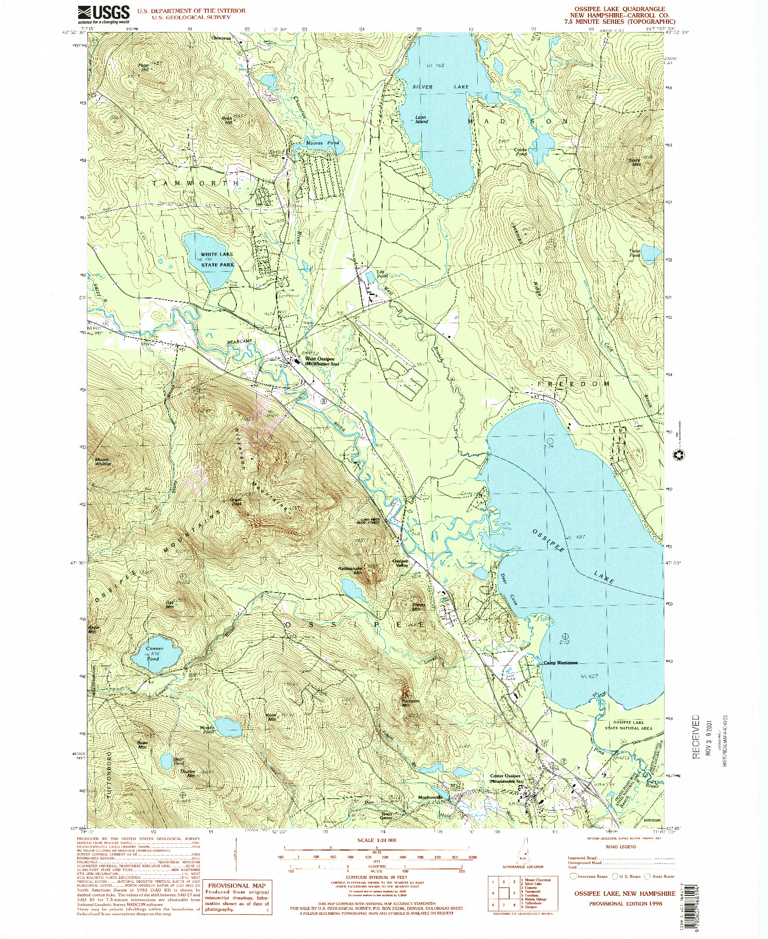 USGS 1:24000-SCALE QUADRANGLE FOR OSSIPEE LAKE, NH 1998