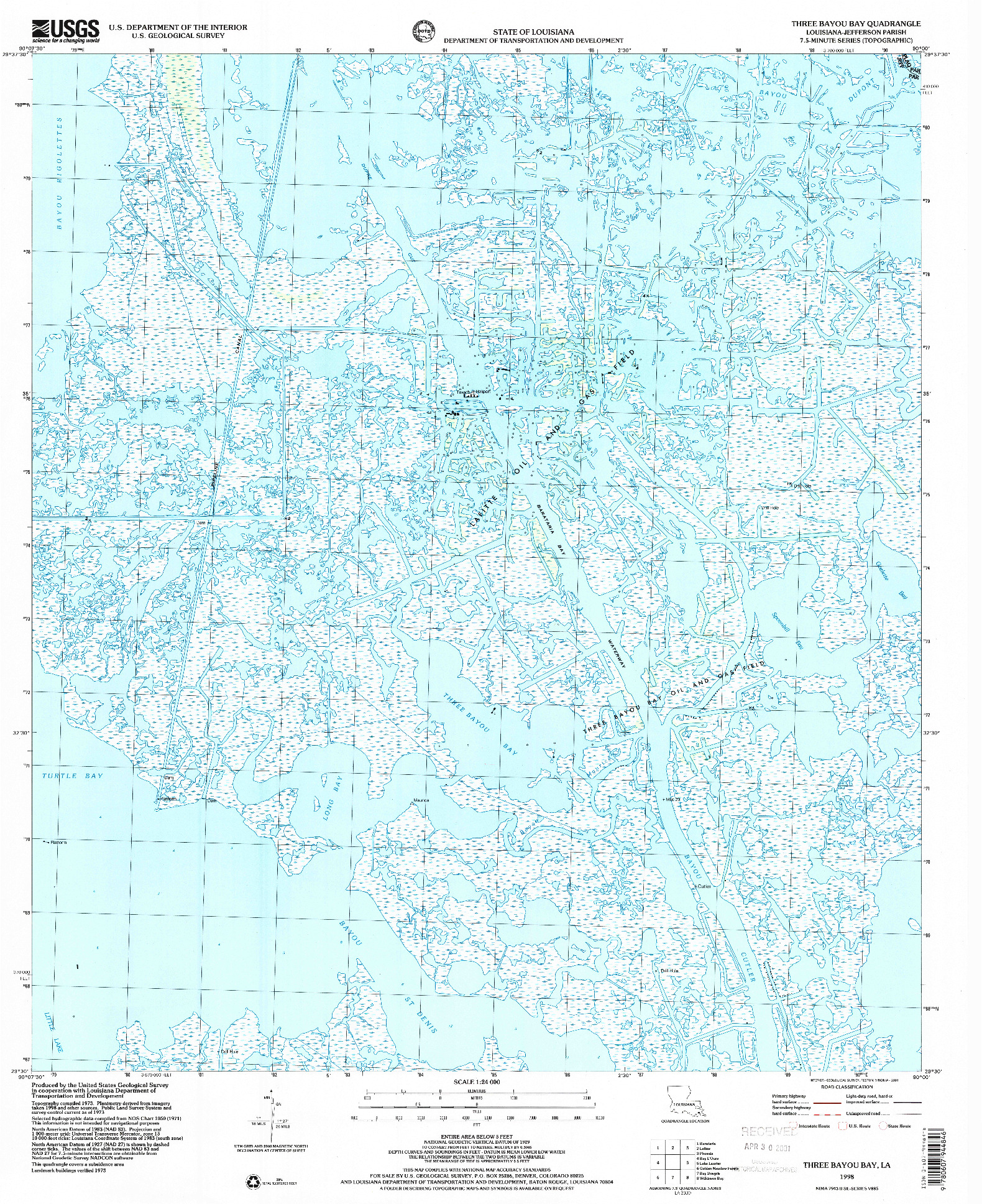 USGS 1:24000-SCALE QUADRANGLE FOR THREE BAYOU BAY, LA 1998