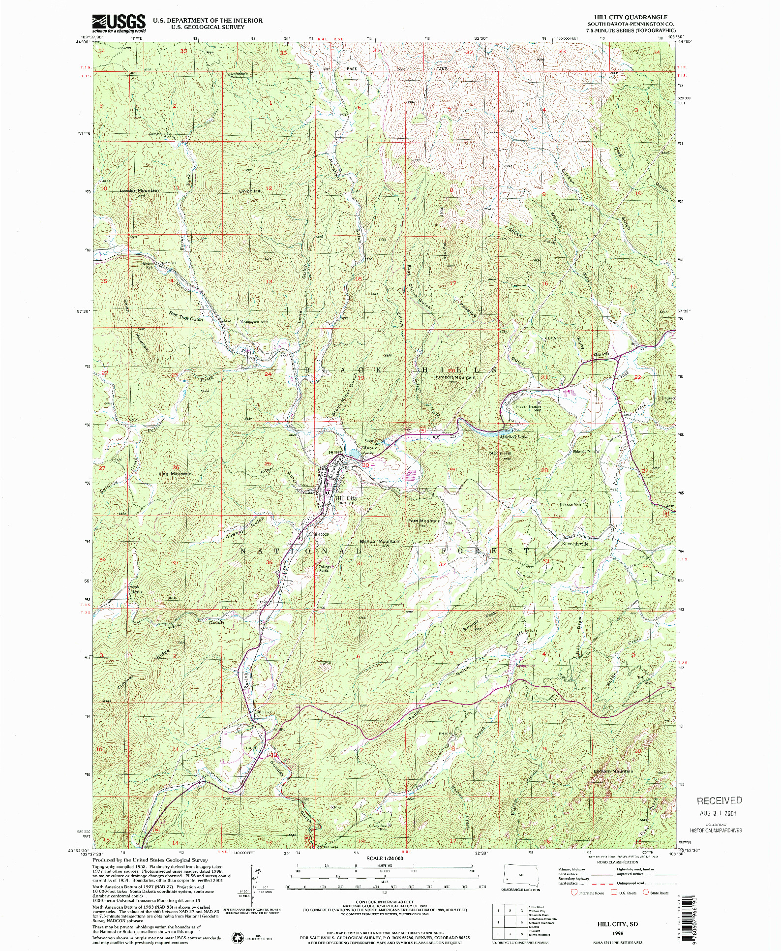 USGS 1:24000-SCALE QUADRANGLE FOR HILL CITY, SD 1998
