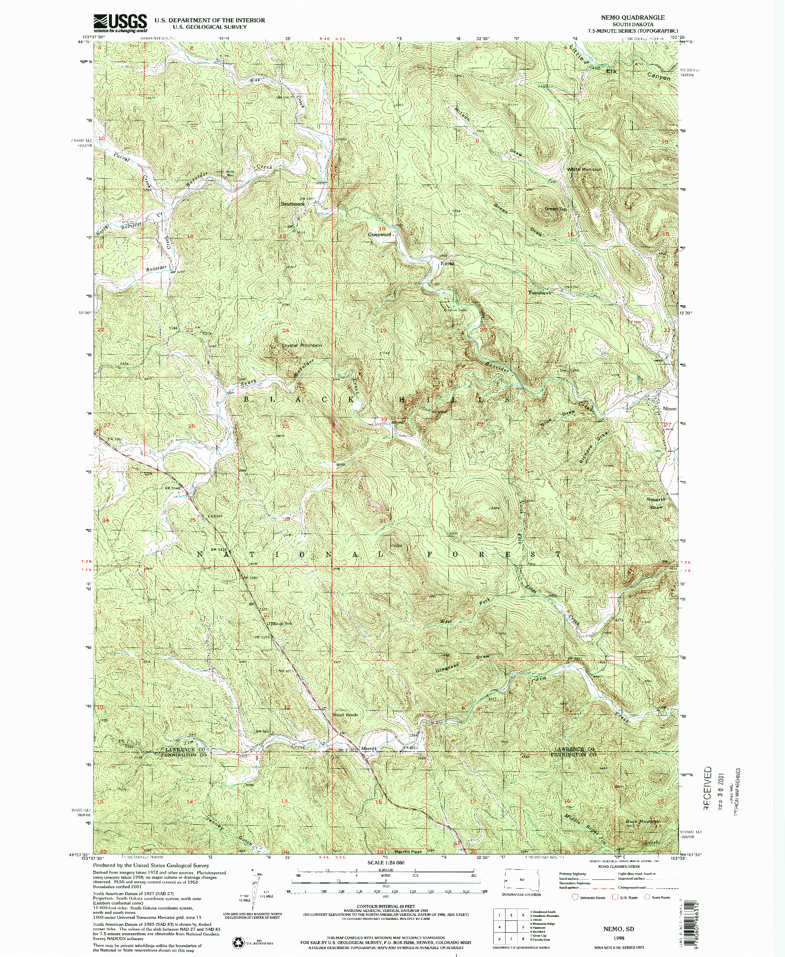 USGS 1:24000-SCALE QUADRANGLE FOR NEMO, SD 1998