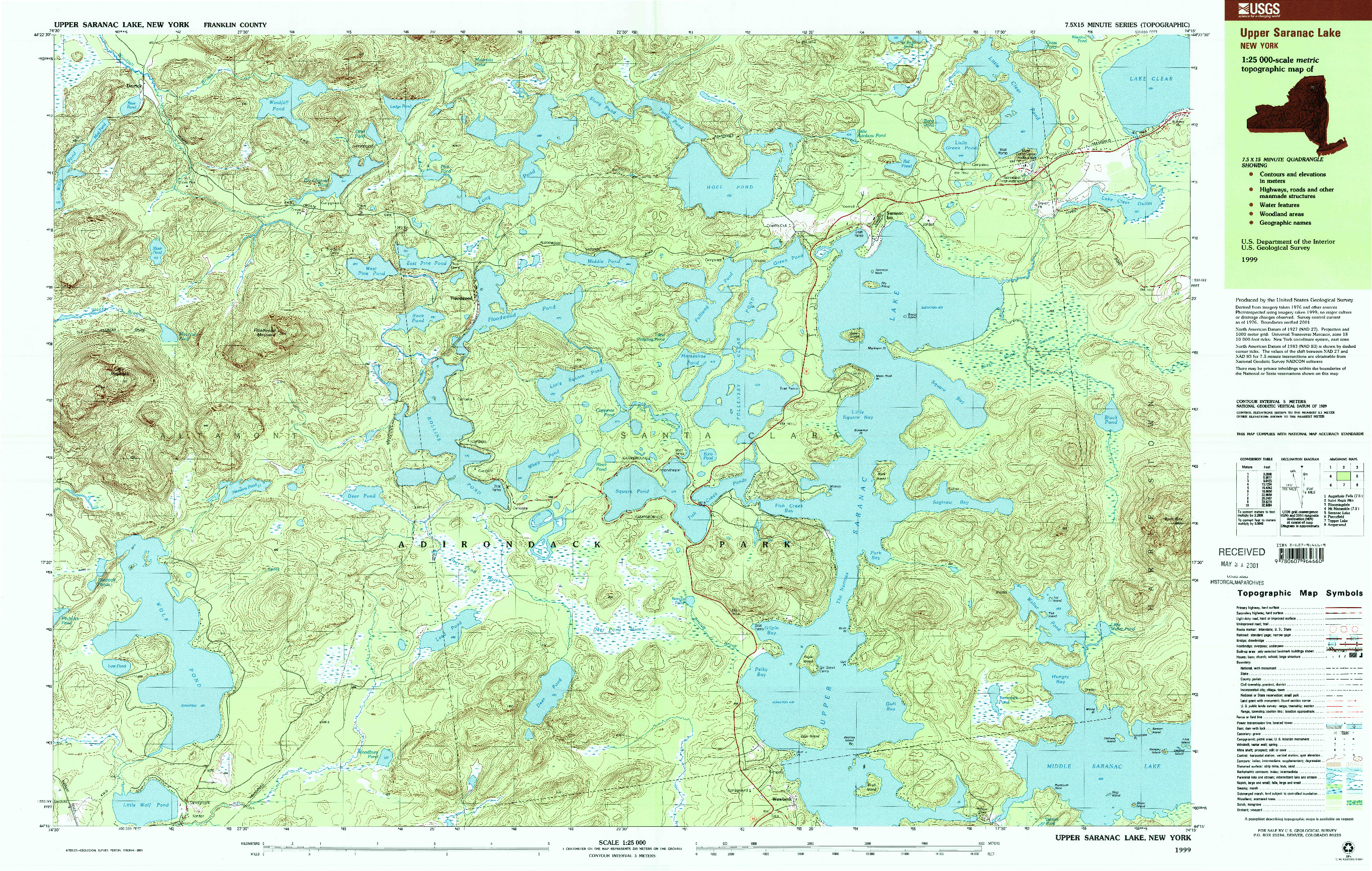 USGS 1:25000-SCALE QUADRANGLE FOR UPPER SARANAC LAKE, NY 1999