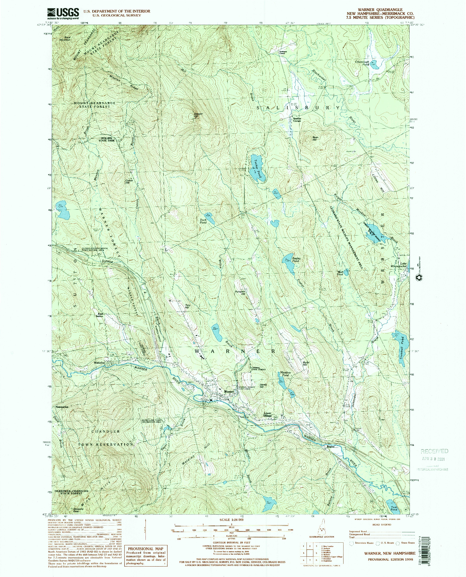 USGS 1:24000-SCALE QUADRANGLE FOR WARNER, NH 1998