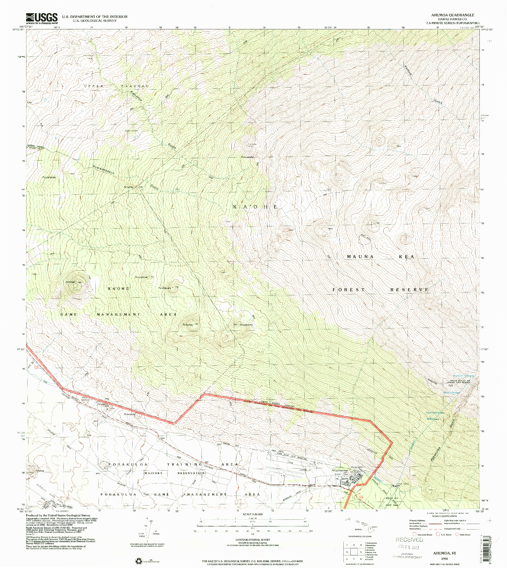USGS 1:24000-SCALE QUADRANGLE FOR AHUMOA, HI 1992
