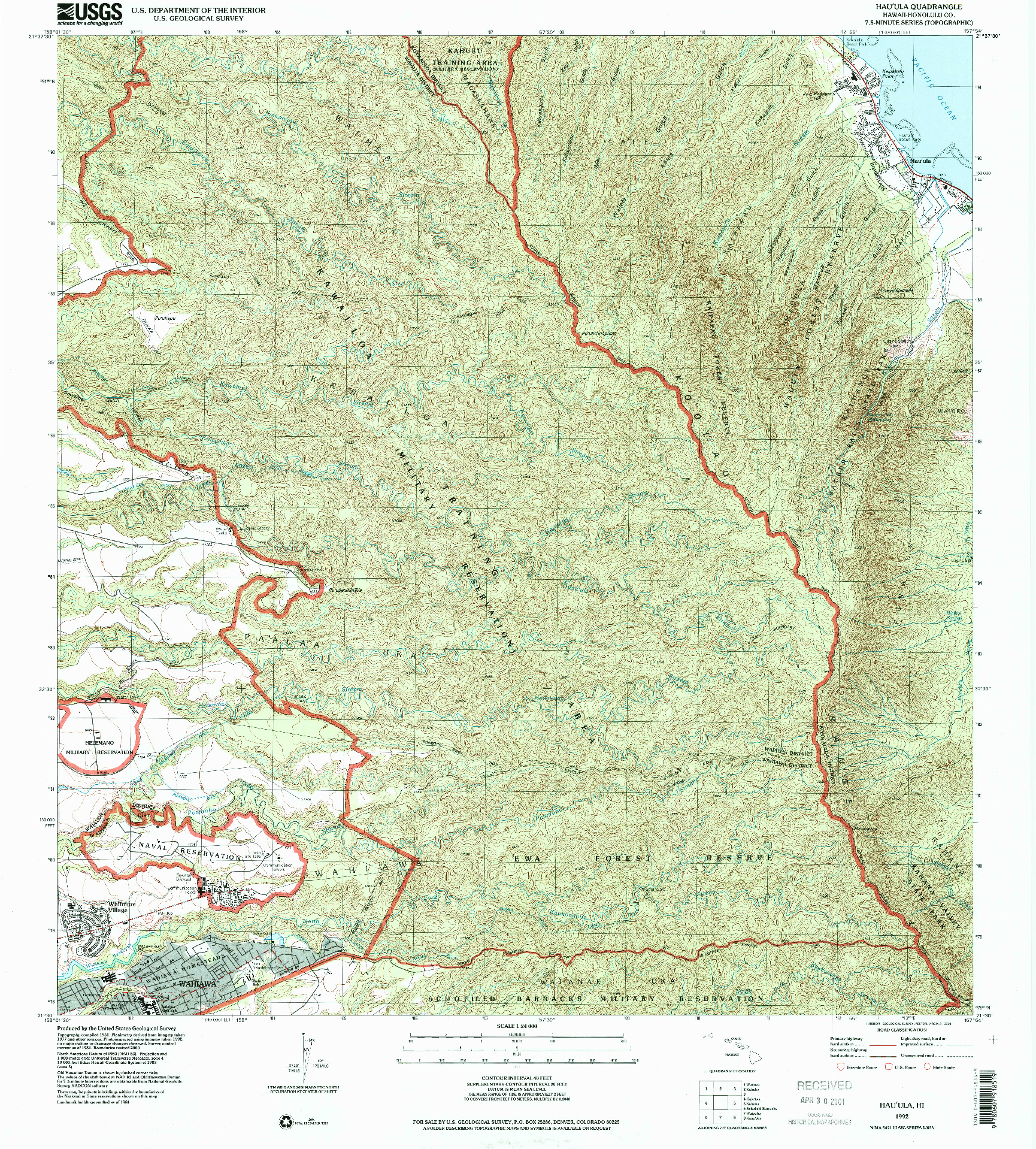 USGS 1:24000-SCALE QUADRANGLE FOR HAUULA, HI 1992