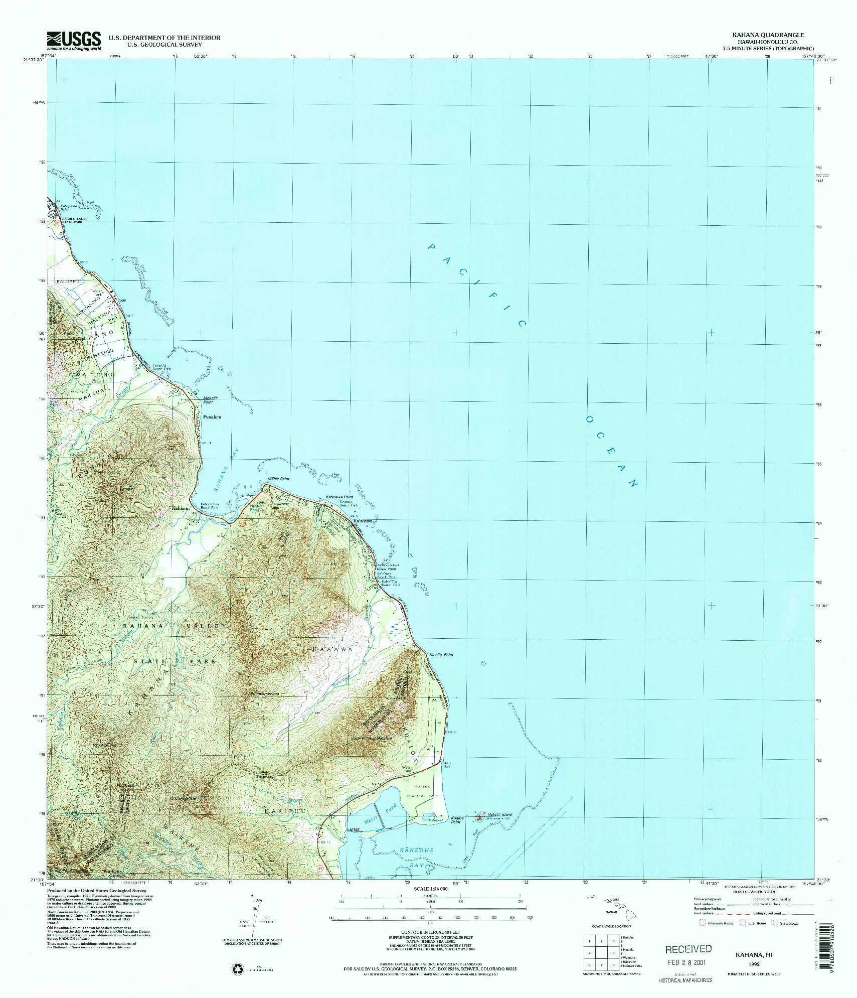 USGS 1:24000-SCALE QUADRANGLE FOR KAHANA, HI 1992