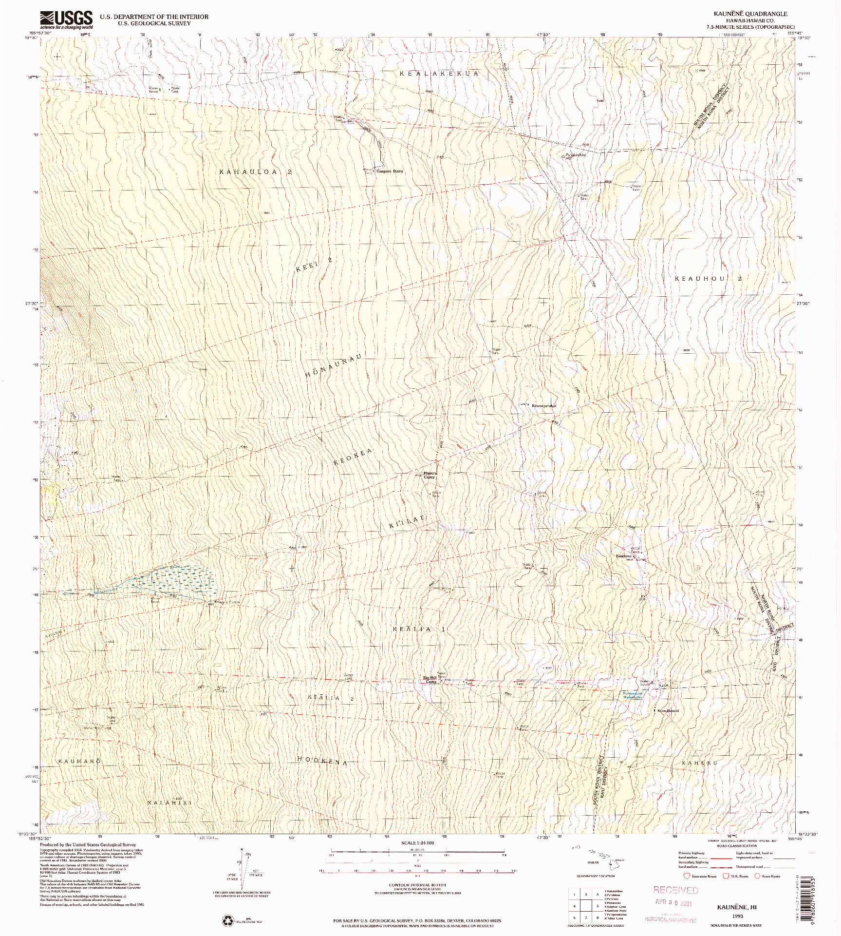 USGS 1:24000-SCALE QUADRANGLE FOR KAUNENE, HI 1993