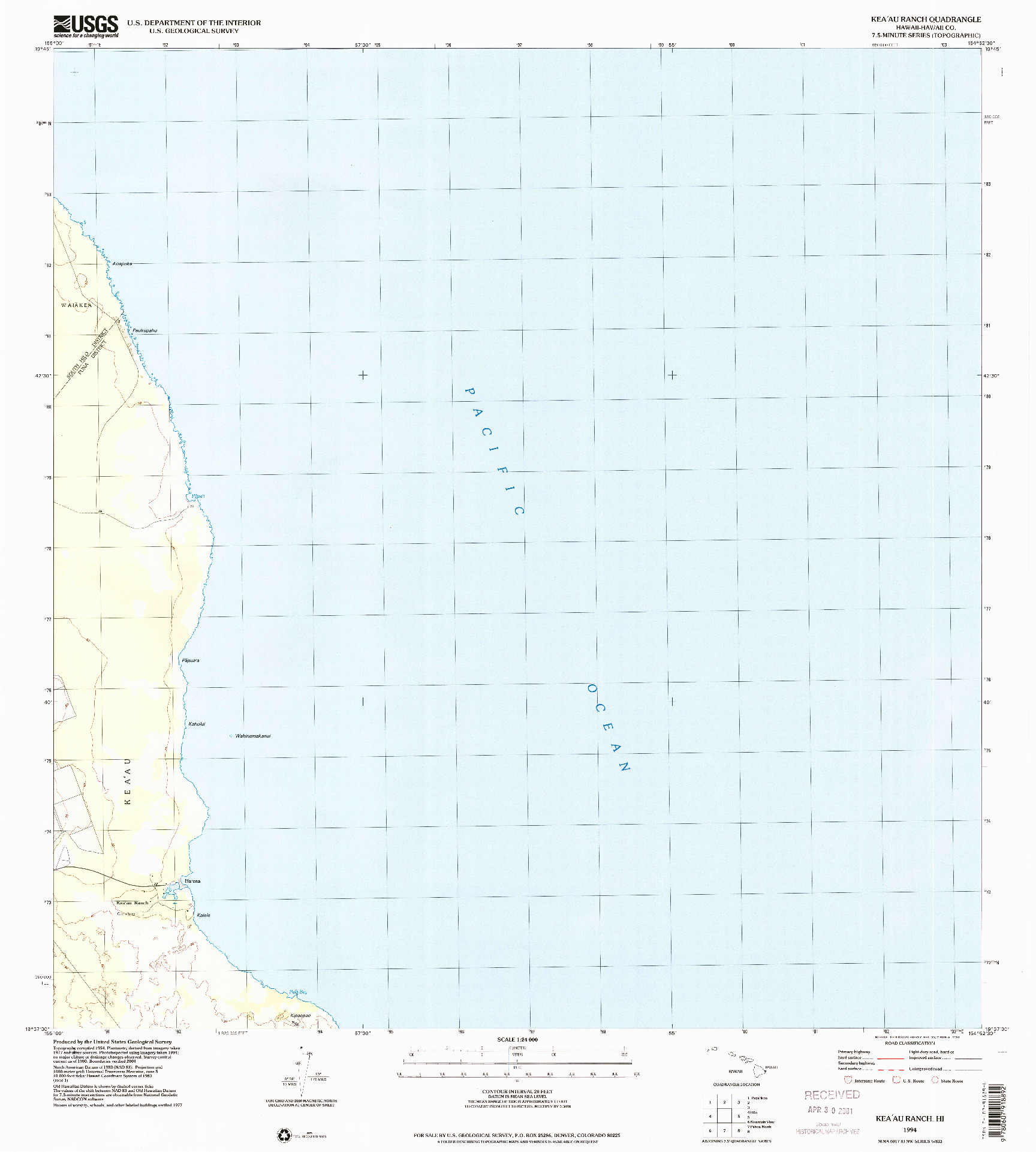 USGS 1:24000-SCALE QUADRANGLE FOR KEAAU RANCH, HI 1994