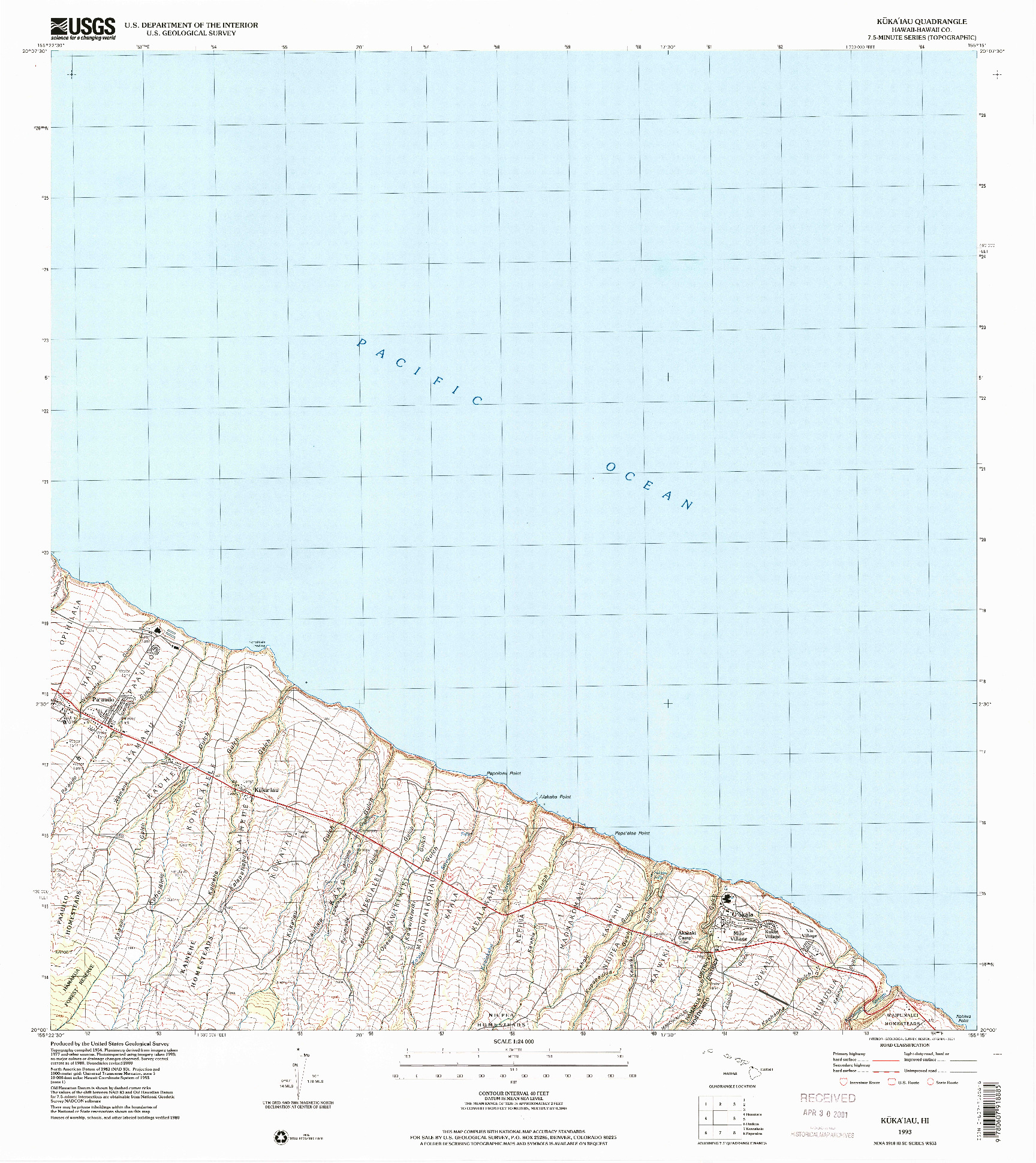 USGS 1:24000-SCALE QUADRANGLE FOR KUKAIAU, HI 1993