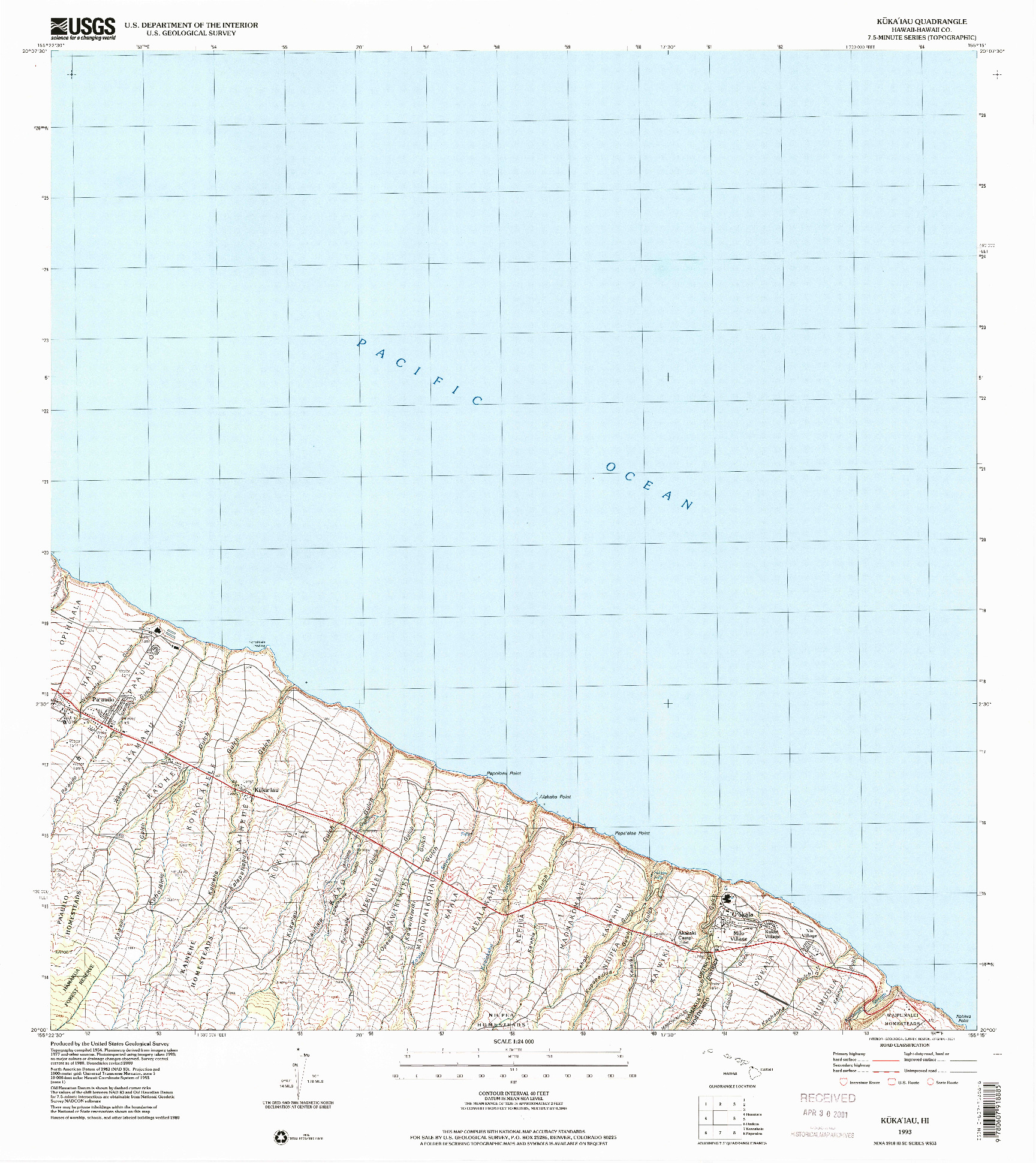 USGS 1:24000-SCALE QUADRANGLE FOR KUKAIAU, HI 1993