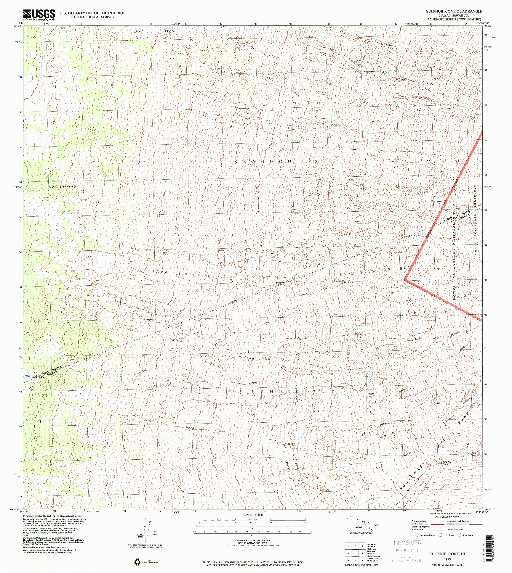 USGS 1:24000-SCALE QUADRANGLE FOR SULPHUR CONE, HI 1993