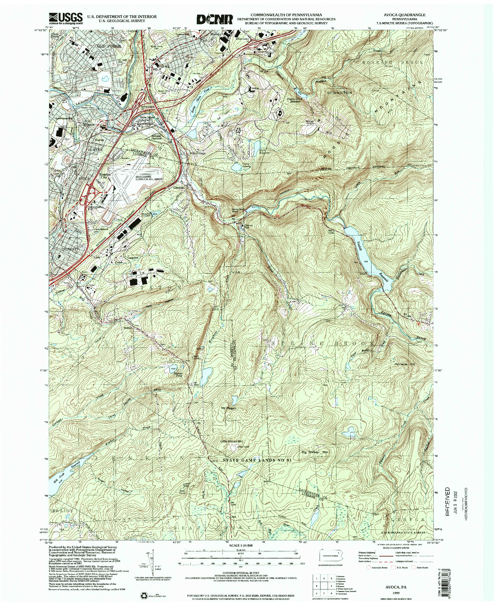USGS 1:24000-SCALE QUADRANGLE FOR AVOCA, PA 1999