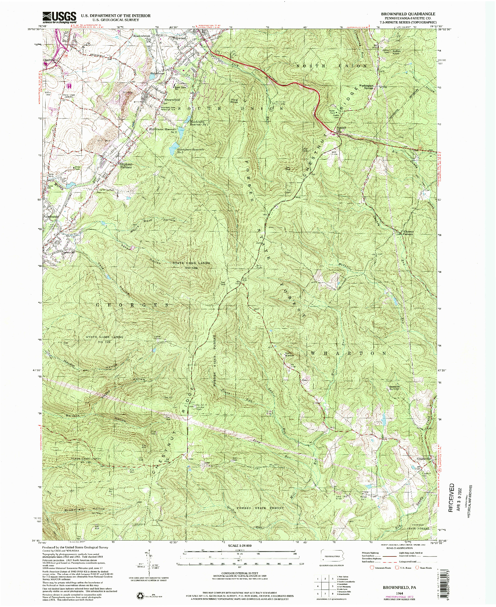 USGS 1:24000-SCALE QUADRANGLE FOR BROWNFIELD, PA 1964